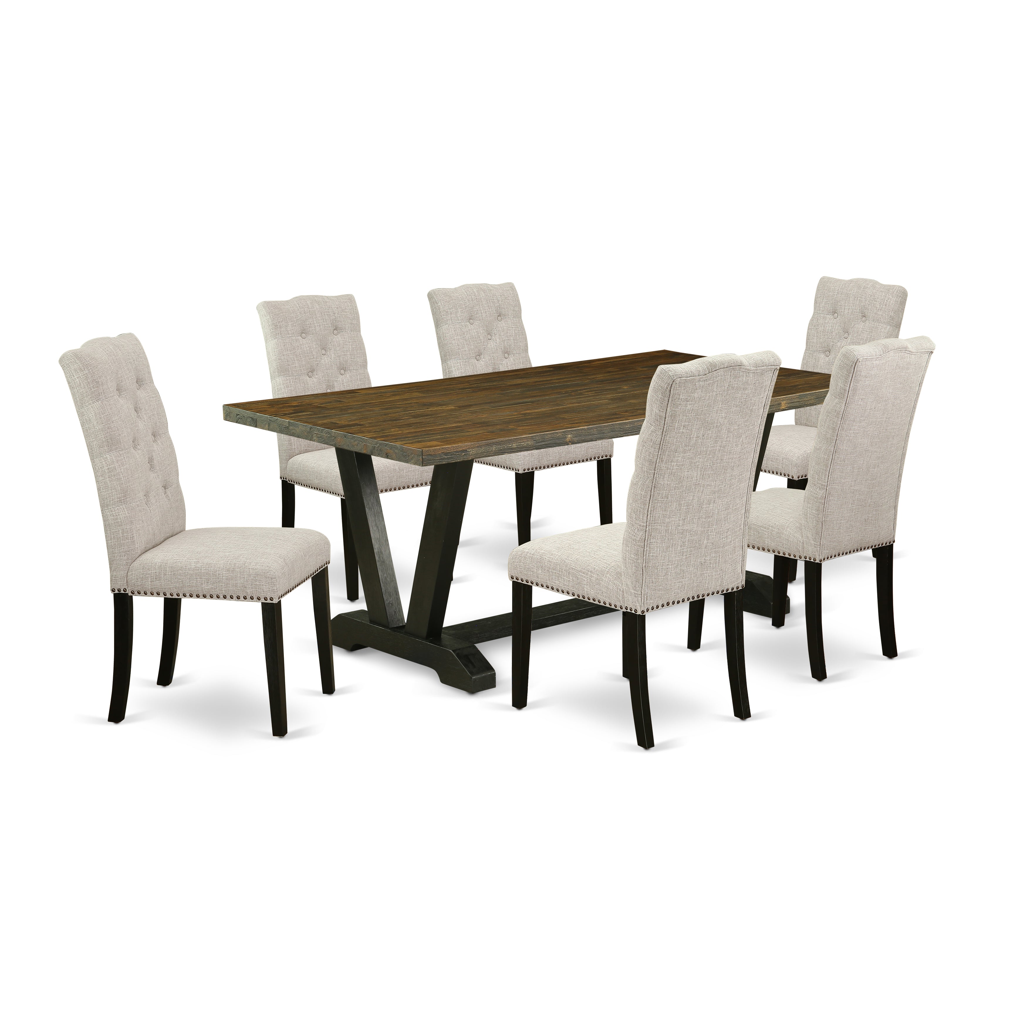 East West Furniture V677EL635-7 7-Piece Dinette Set an Excellent Distressed Jacobean Dining Table top and 6 Beautiful Parson Dining chairs with Nail Heads and Button Tufted, Wire Brushed Black Finish