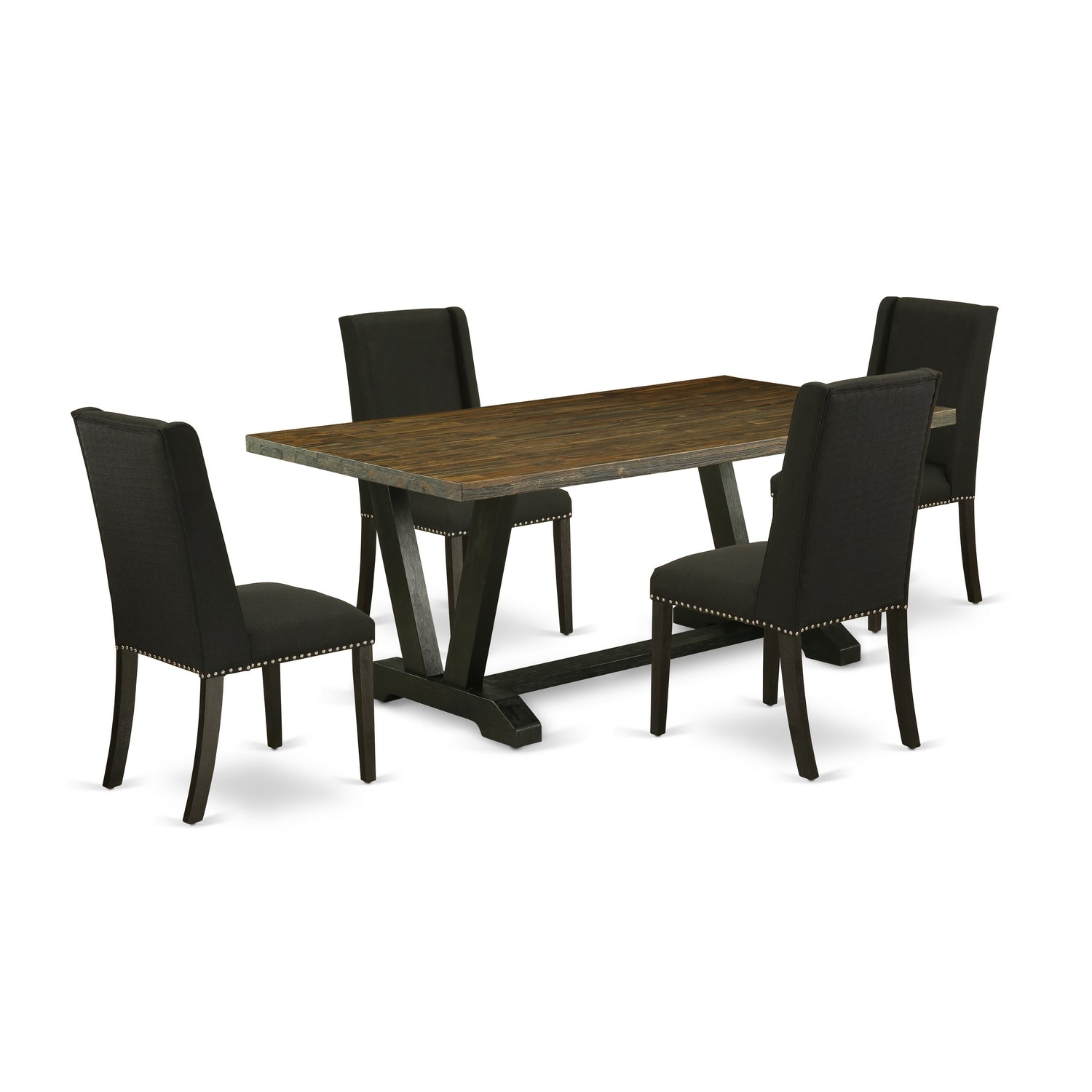 East West Furniture V677FL624-5 5-PcIncluded 4 Dining chairs Upholstered Nails Head Seat and Stylish Chair Back and Rectangular Dining Table with Distressed Jacobean Dining Table top (Black Finish)