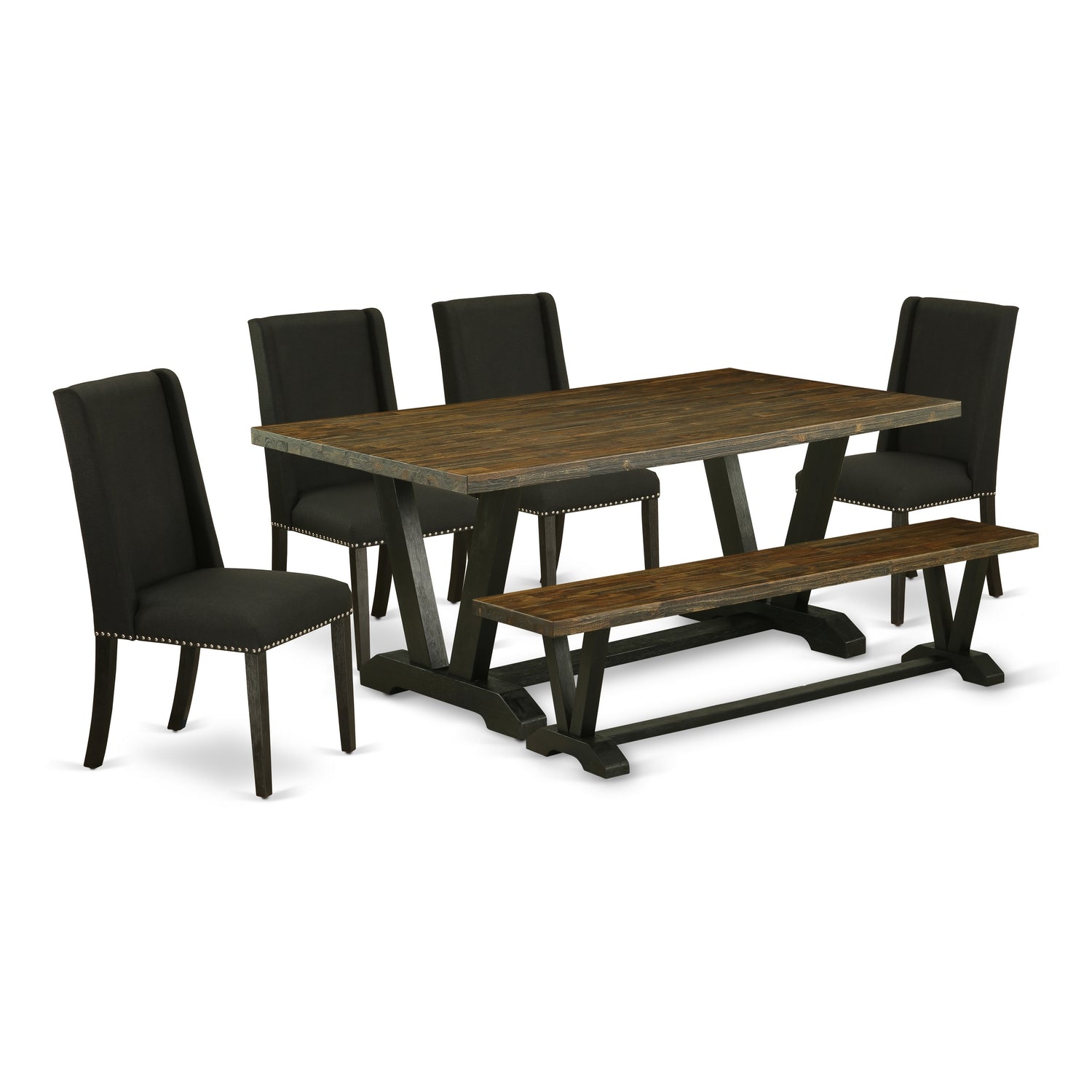 V677FL624-6 6-Pc Dining room Table Set-Black Linen Fabric Seat and High Stylish Chair Back Parson chairs, A Rectangular Bench and Rectangular top Kitchen Table with Wooden Legs - Distressed Jacobean and Wire Brushed Black Finish