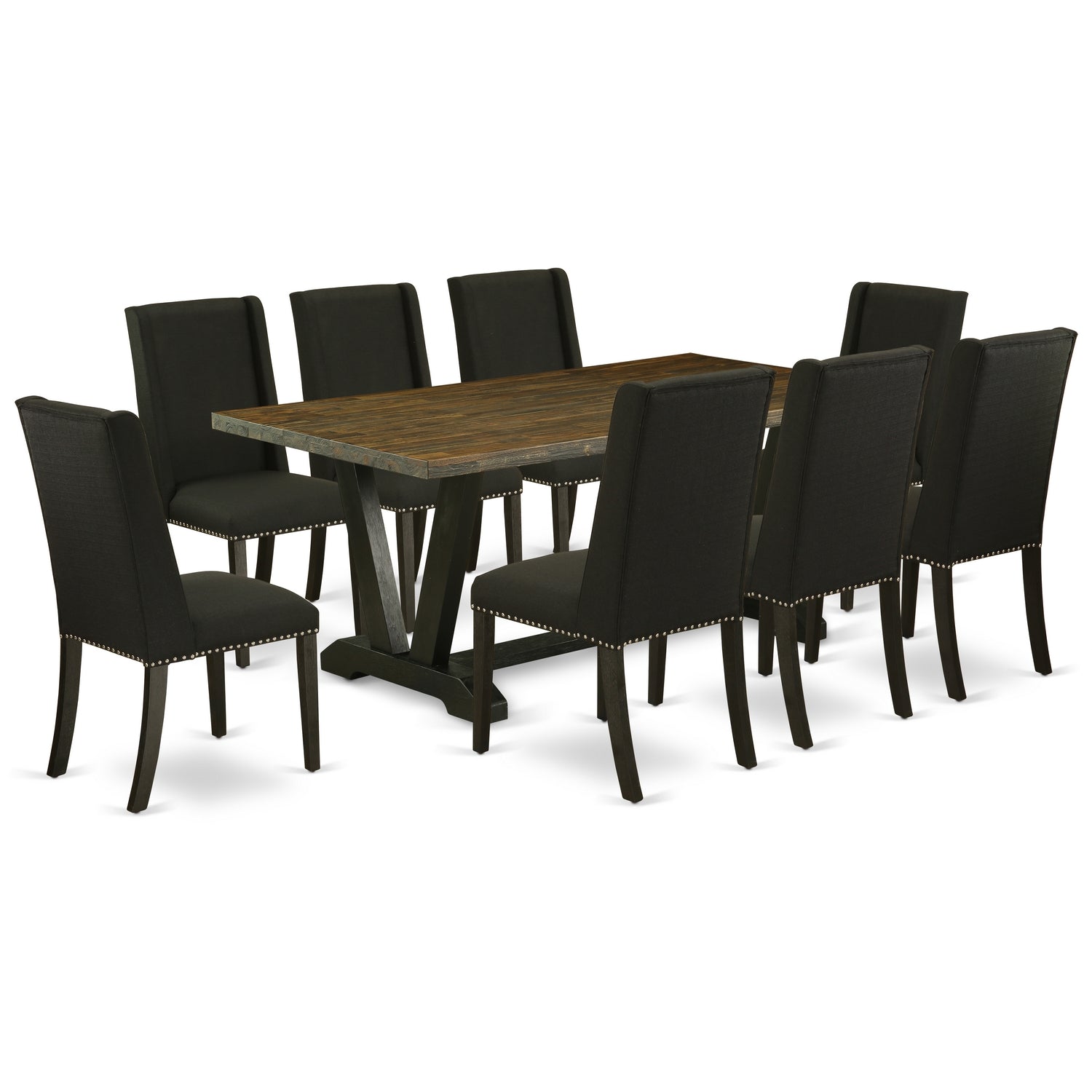El juego de mesa de cocina de 9 piezas East West Furniture V677FL624-9 incluye una mesa de comedor rectangular con patas en V y 8 sillas de comedor Parsons de tela de lino negro.