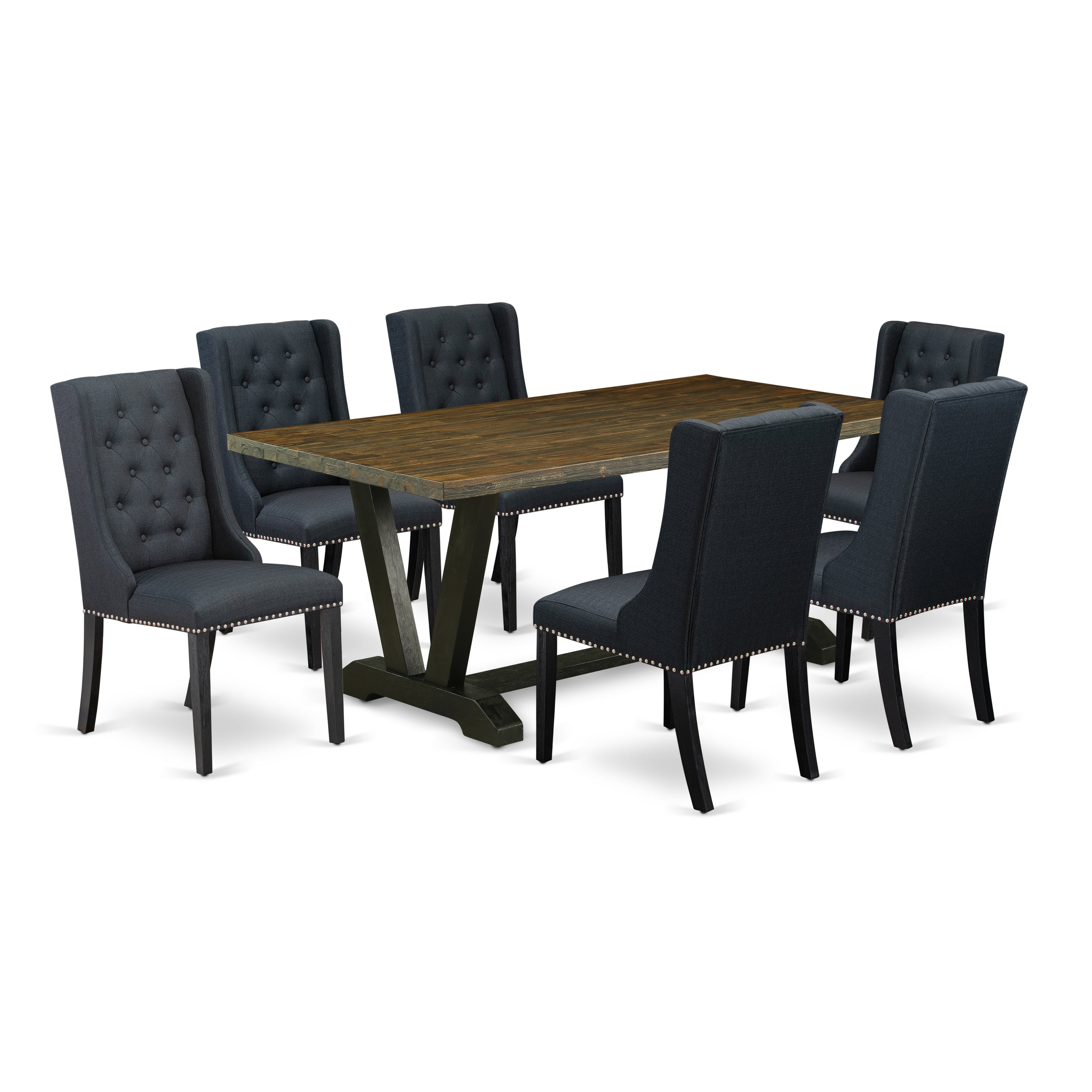Juego de mesa de comedor moderna de 7 piezas East West Furniture V677FO624-7 compuesto por una mesa rectangular de madera con patas en V y 6 sillas de comedor Parson de tela de lino negro.