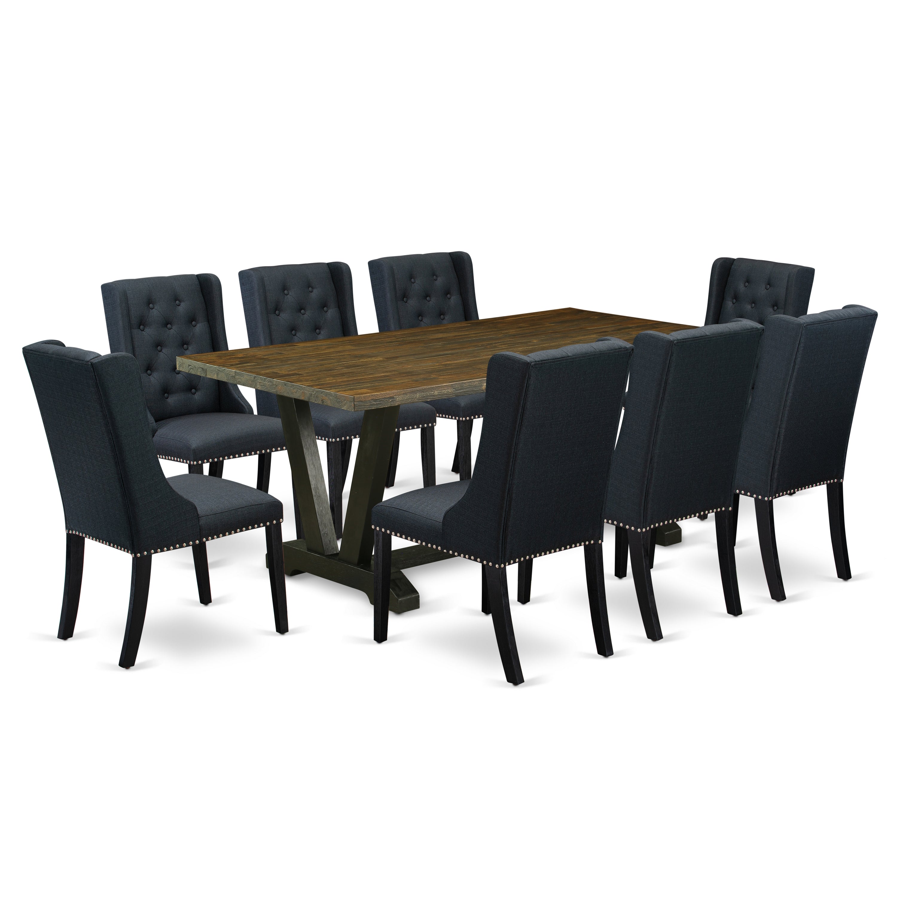 Juego de comedor de 9 piezas East West Furniture V677FO624-9. Incluye una mesa de comedor rectangular con patas en V y 8 sillas Parsons de tela de lino negro.