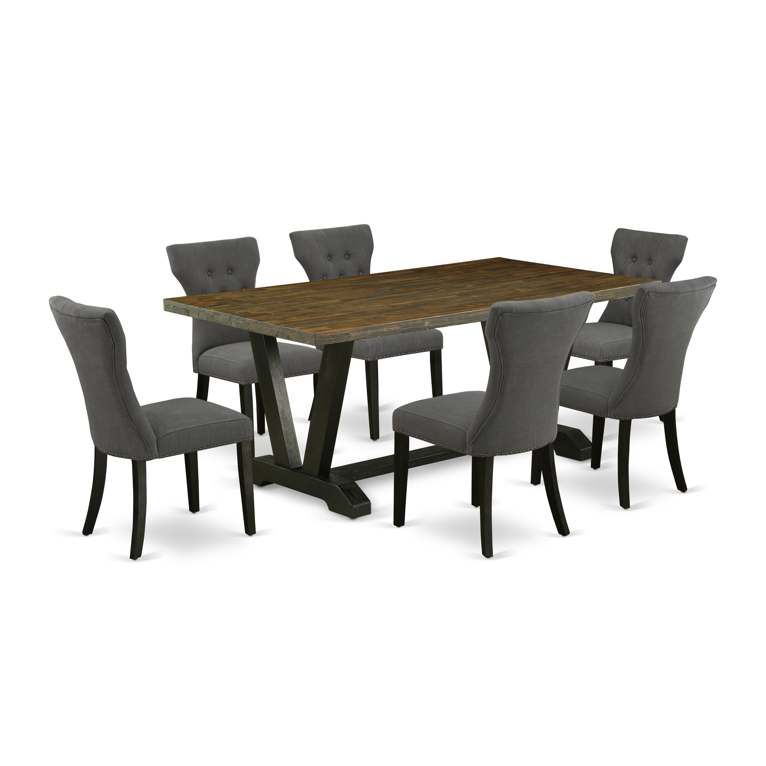 East West Furniture V677GA650-7 7-Pc dining room table set a wonderful Distressed Jacobean kitchen Table top and 6 Beautiful Kitchen Parson Chair with Nail heads and Button Tufted, Wire Brushed Black Finish