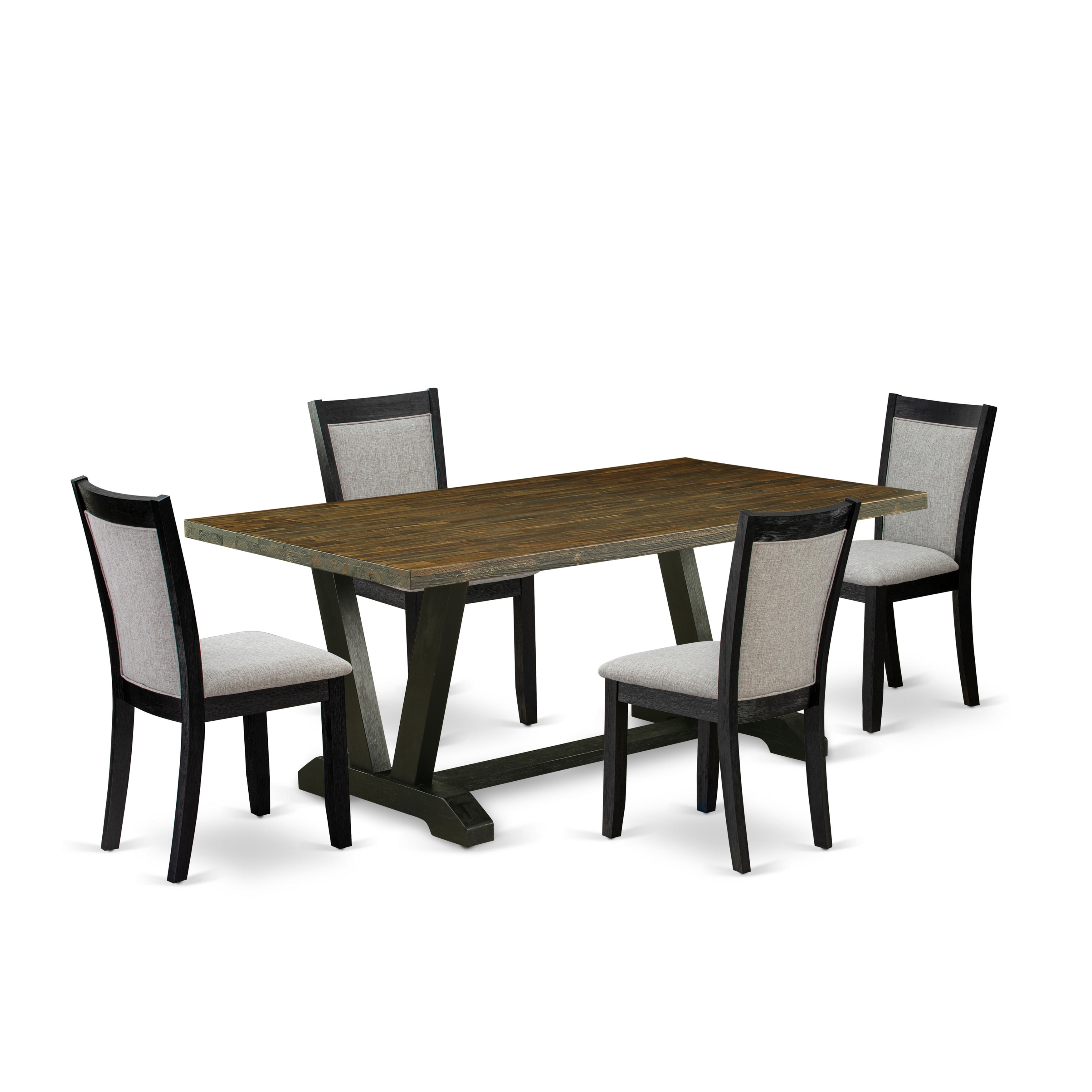 Juego de mesa y sillas de cocina de 5 piezas East West Furniture V677MZ606-5. Incluye una mesa de comedor rectangular con patas en V y 4 sillas tapizadas en tela de lino Shitake.