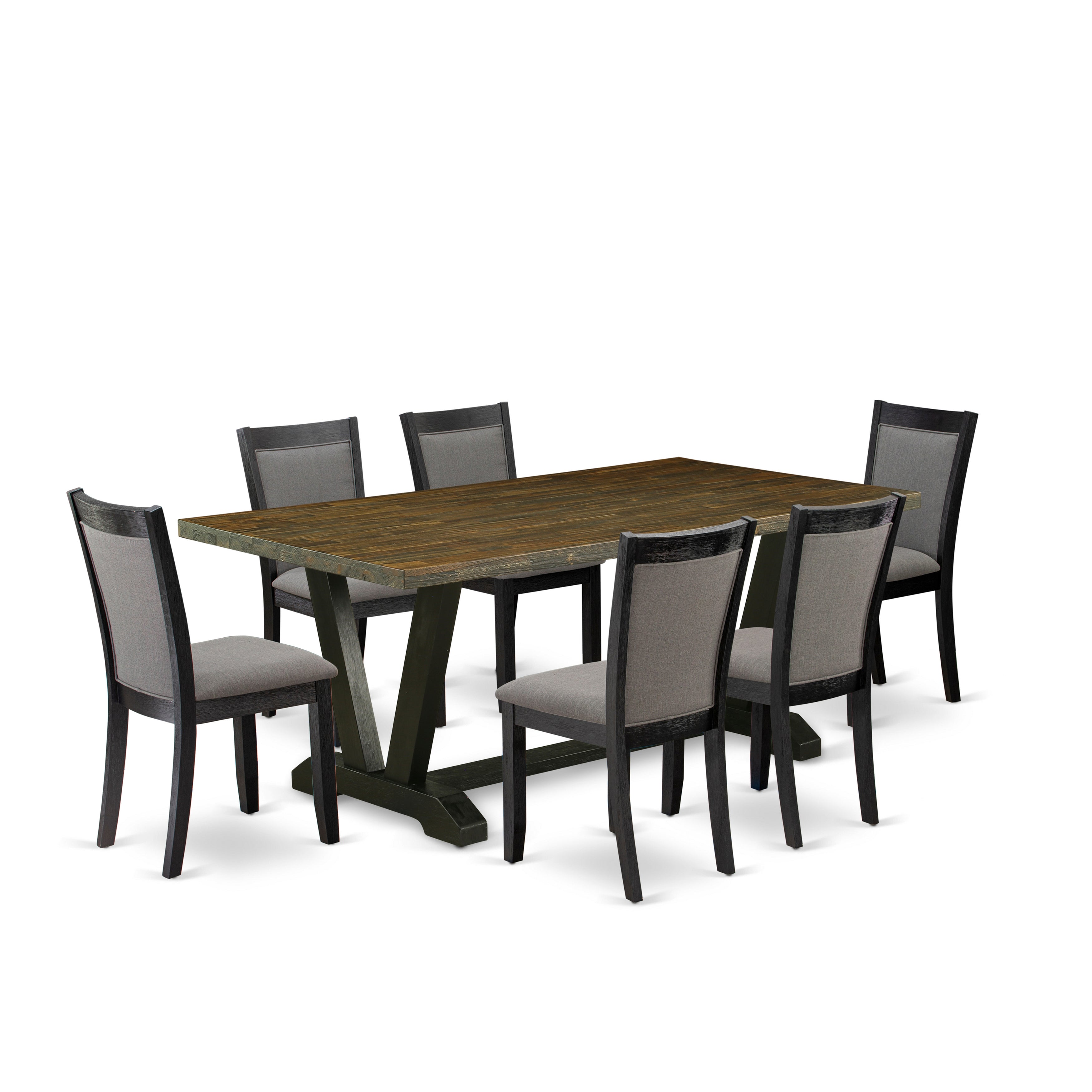 East West Furniture V677MZ650-7 7 Pc Dining Table Set - Distressed Jacobean Top Dining Table with Trestle Base and 6 Dark Gotham Grey Linen Fabric Dining Chairs - Wire Brushed Black Finish