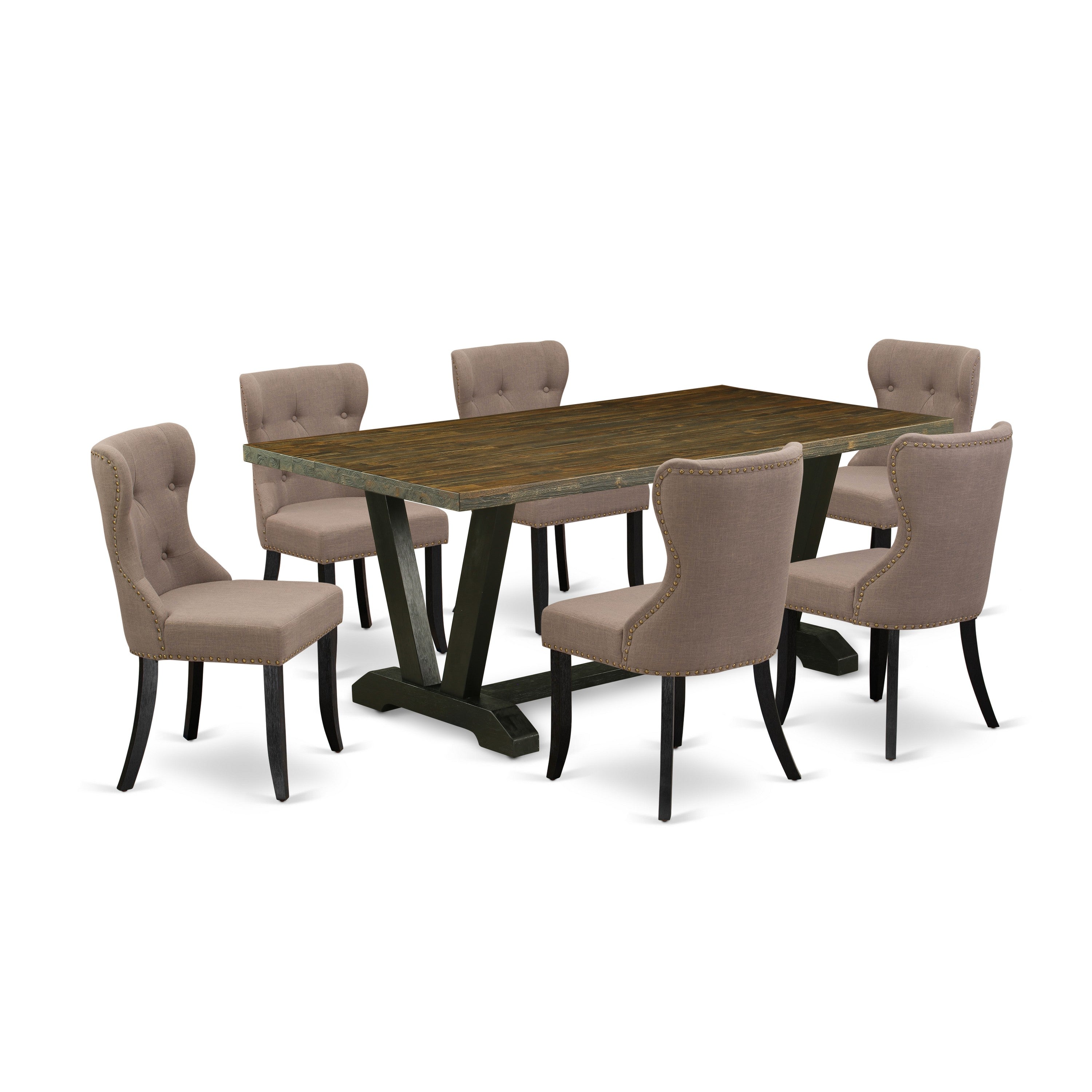 Juego de mesa de comedor de 7 piezas East West Furniture V677SI648-7 compuesto por una mesa de cocina rectangular con patas en V y 6 sillas de comedor Parsons de tela de lino color café.