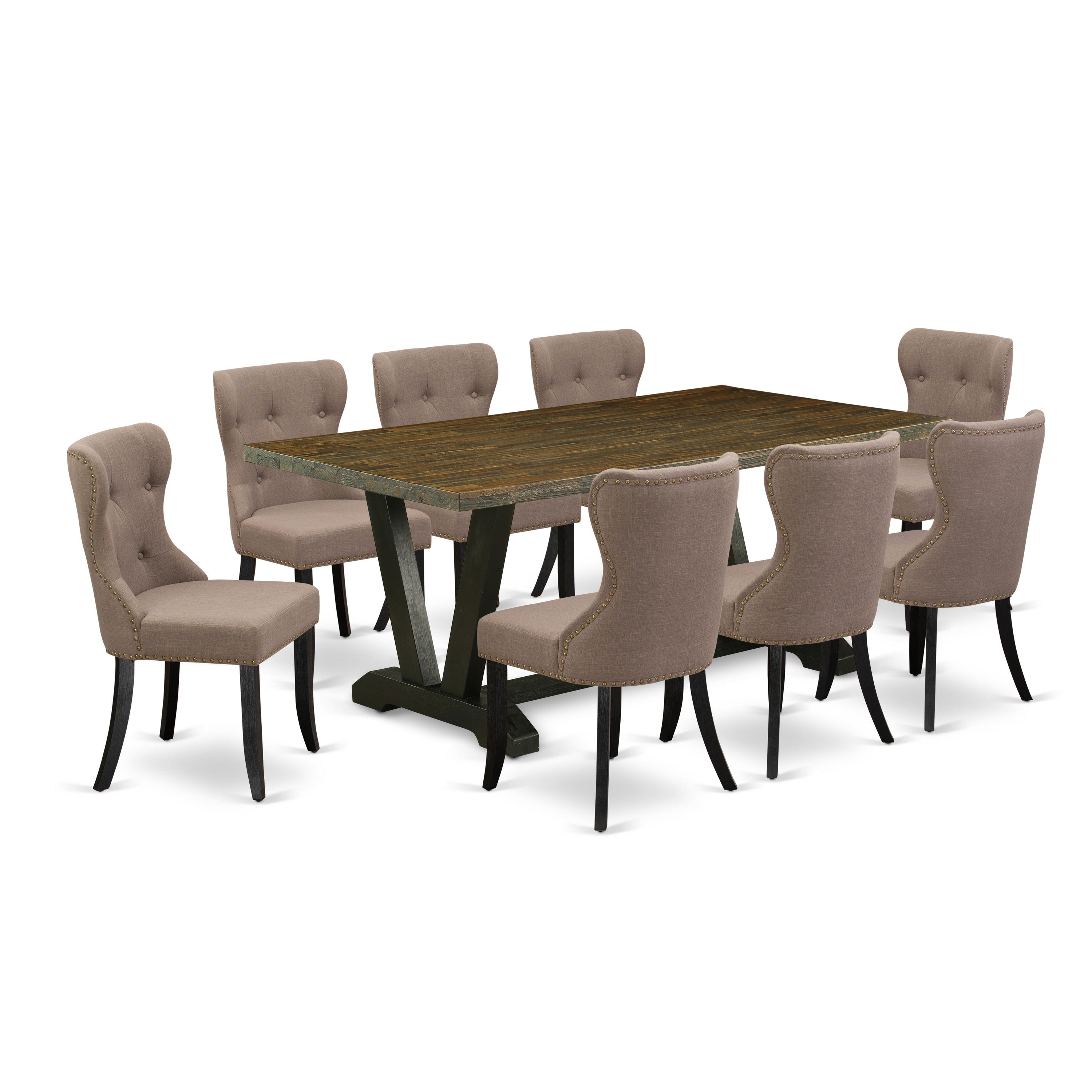 Juego de comedor East West Furniture V677SI648-9 de 9 piezas. Incluye una mesa de comedor rectangular con patas en V y 8 sillas Parson tapizadas en tela de lino color café.