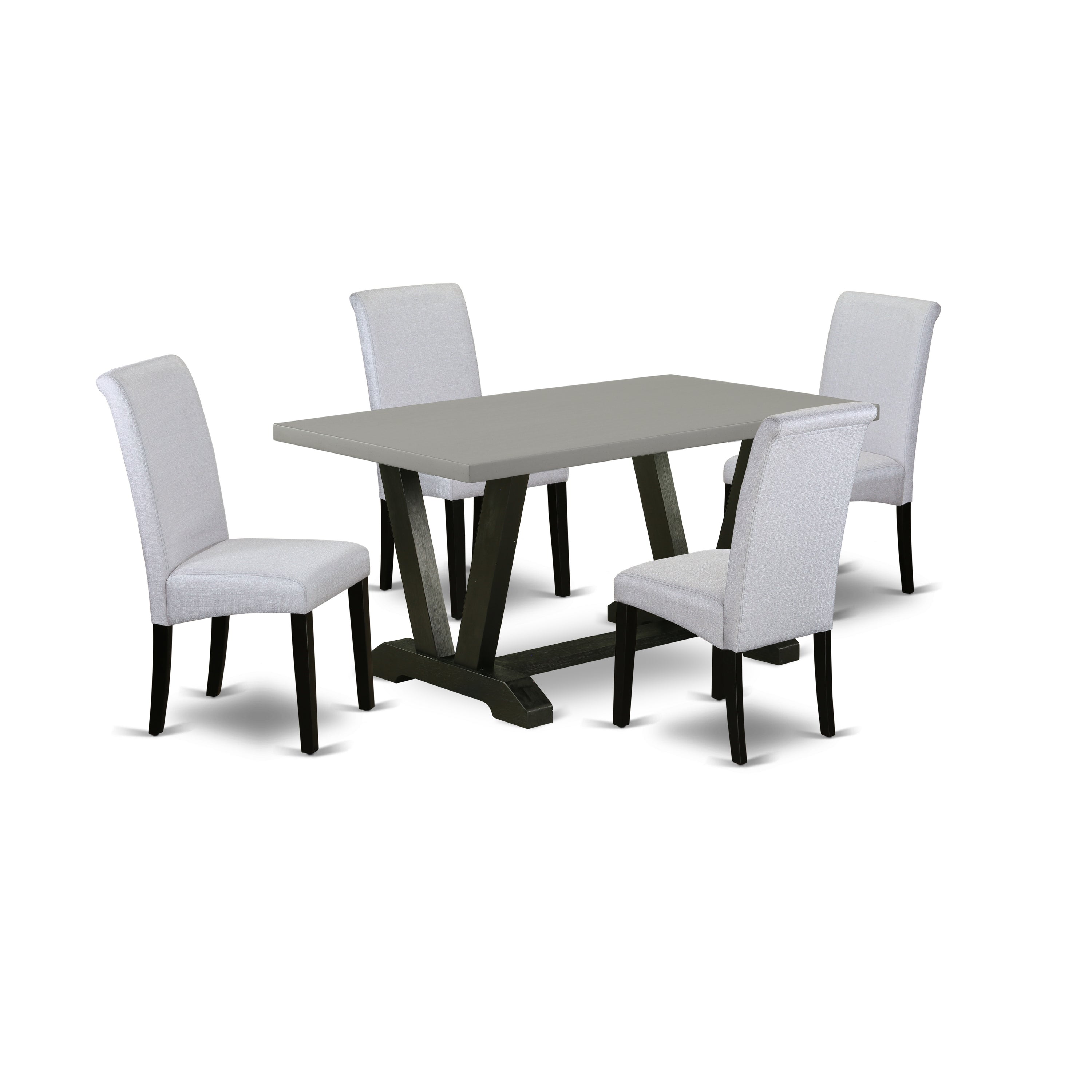 Juego de comedor de 5 piezas East West Furniture V696BA105-5 para 4 personas. Incluye una mesa de comedor rectangular con patas en V y 4 sillas de comedor Parsons de tela de lino gris.