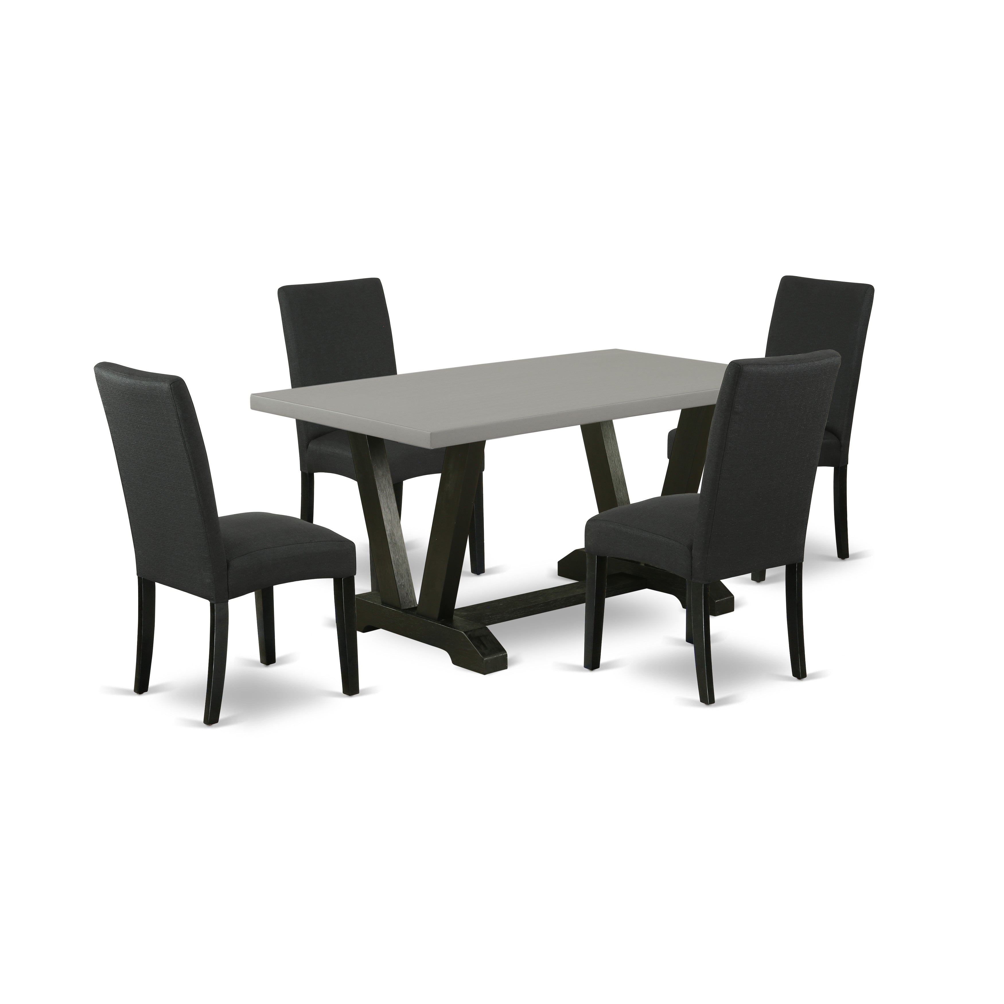 Juego de mesa de cocina de 5 piezas East West Furniture V696DR124-5 para 4 personas. Incluye una mesa de comedor rectangular con patas en V y 4 sillas tapizadas en tela de lino de color negro.