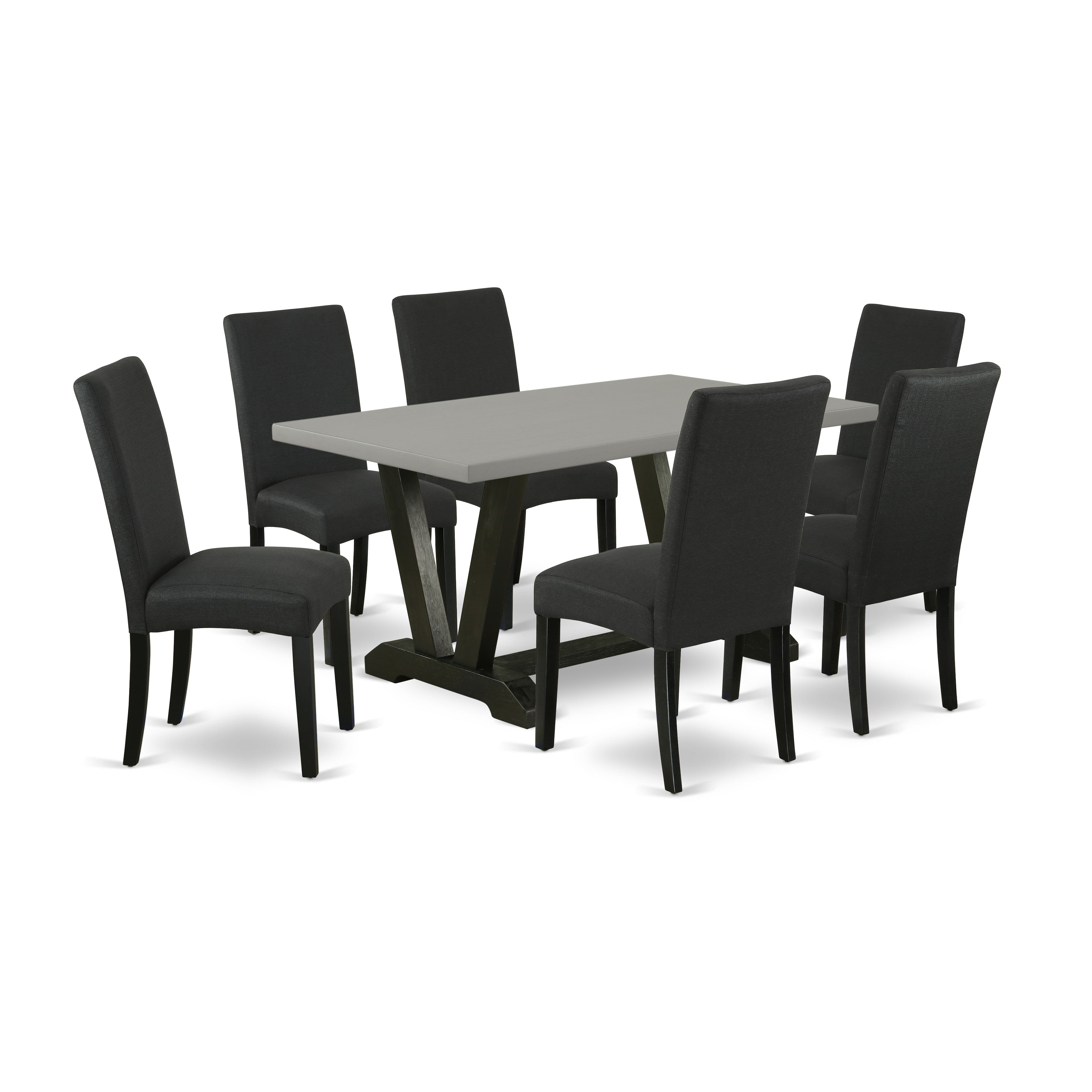 Juego de mesa de comedor East West Furniture V696DR124-7 de 7 piezas compuesto por una mesa de comedor rectangular con patas en V y 6 sillas tapizadas en tela de lino de color negro.