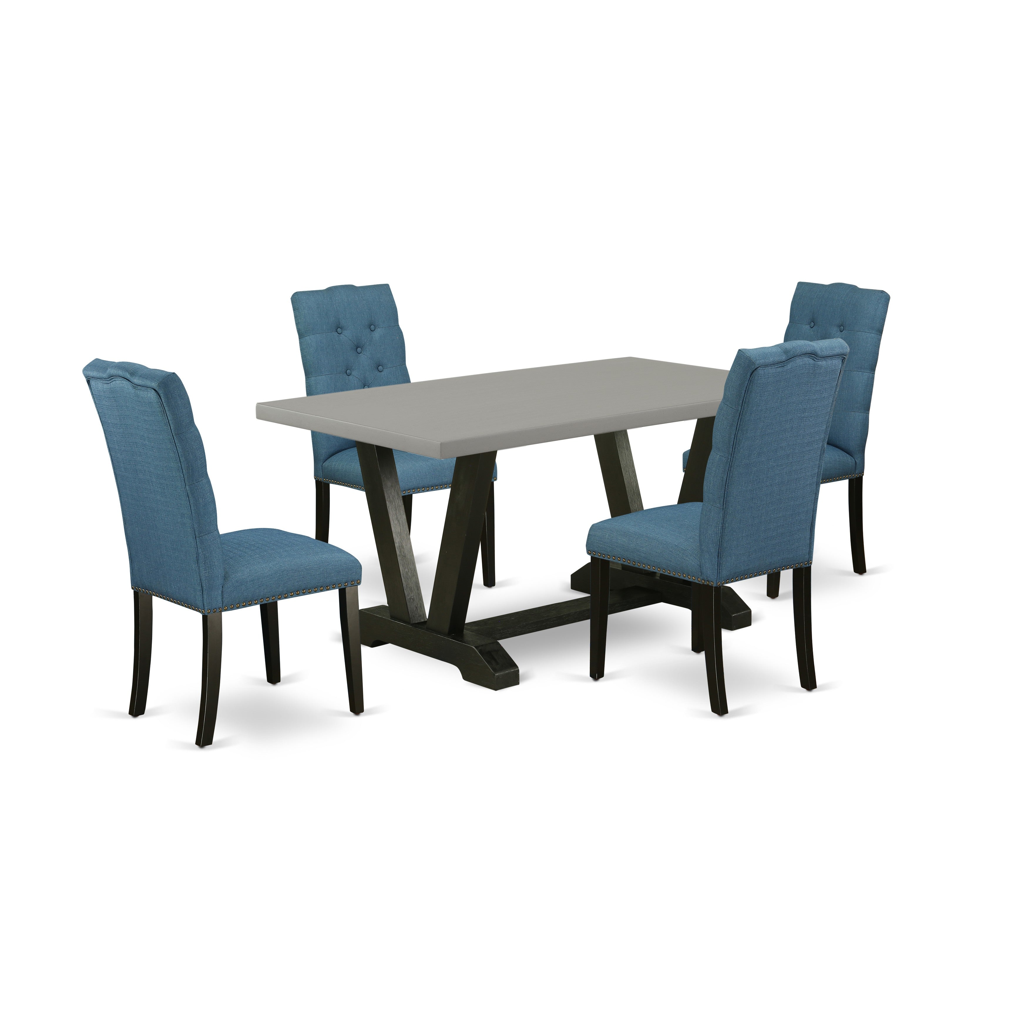 Juego de comedor de 5 piezas East West Furniture V696EL121-5 para 4 personas. Incluye una mesa de comedor rectangular con patas en V y 4 sillas de comedor Parsons de tela de lino azul.
