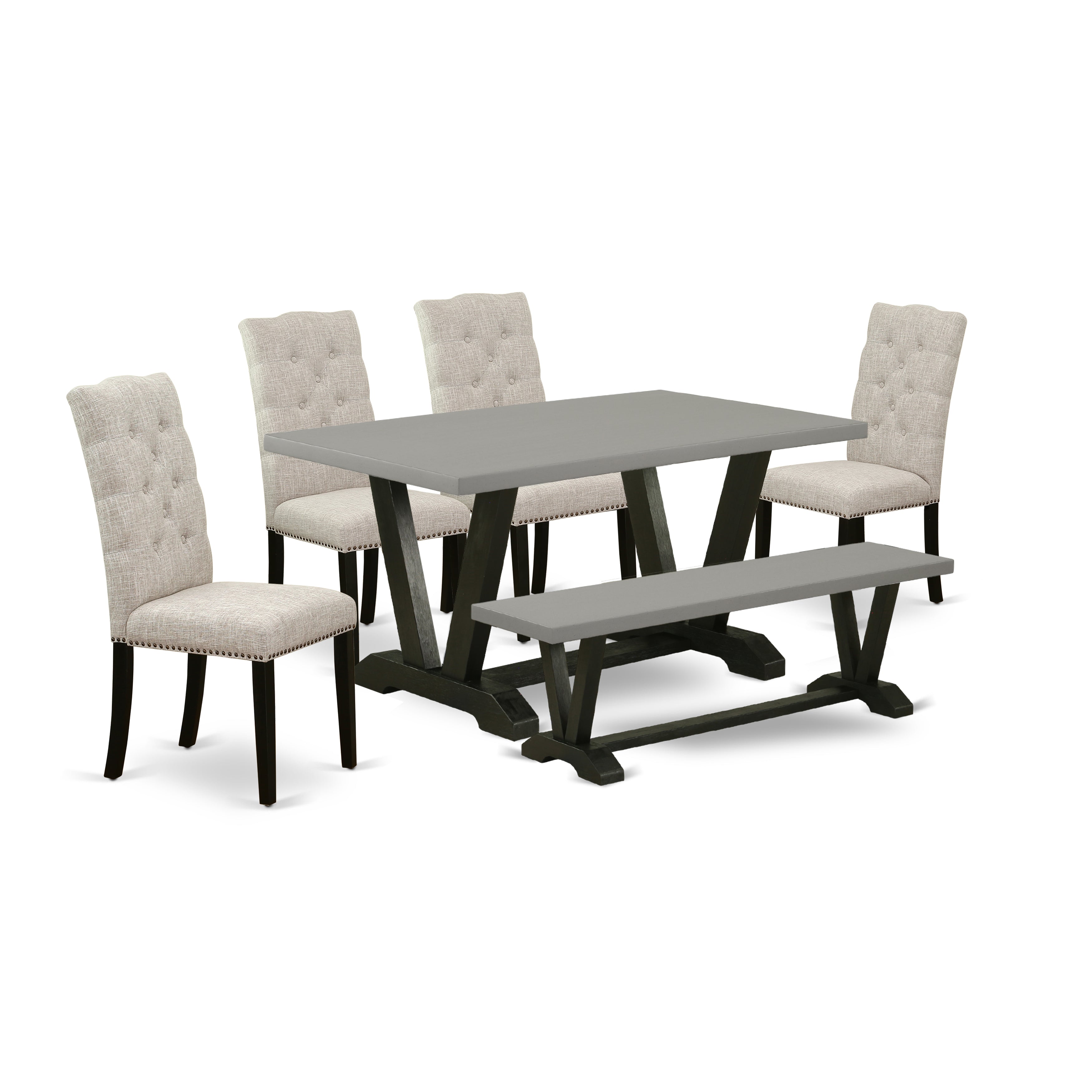 V696EL635-6 6-Pc Dining Set-Doeskin Linen Fabric Seat and Button Tufted Chair Back Parson chairs, A Rectangular Bench and Rectangular top Dining room Table with Hardwood Legs - Cement and Wire Brushed Black Finish