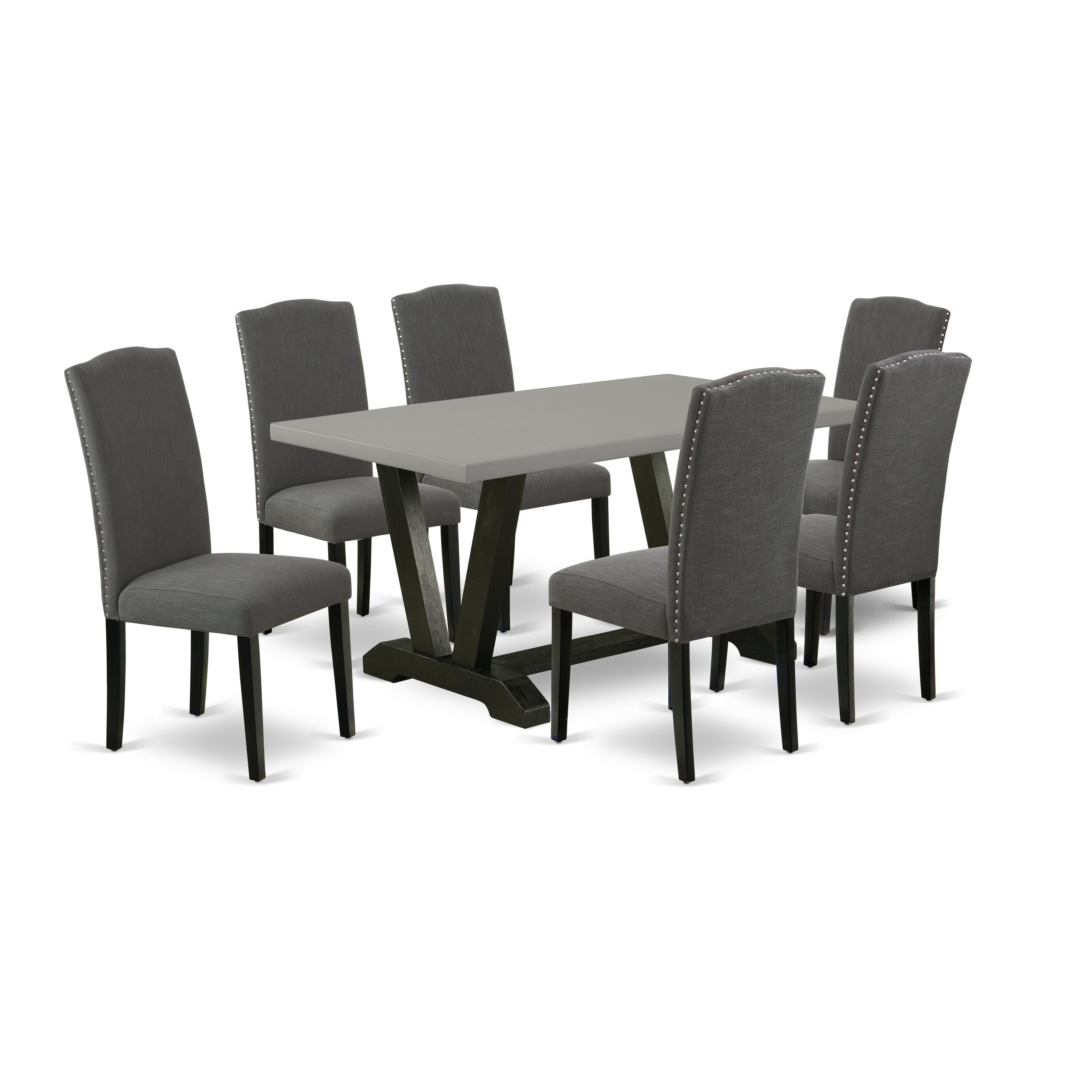 Juego de mesa de comedor East West Furniture V696EN120-7 de 7 piezas. Incluye una mesa de cocina rectangular con patas en V y 6 sillas de comedor Parson de tela de lino Gotham oscuro.