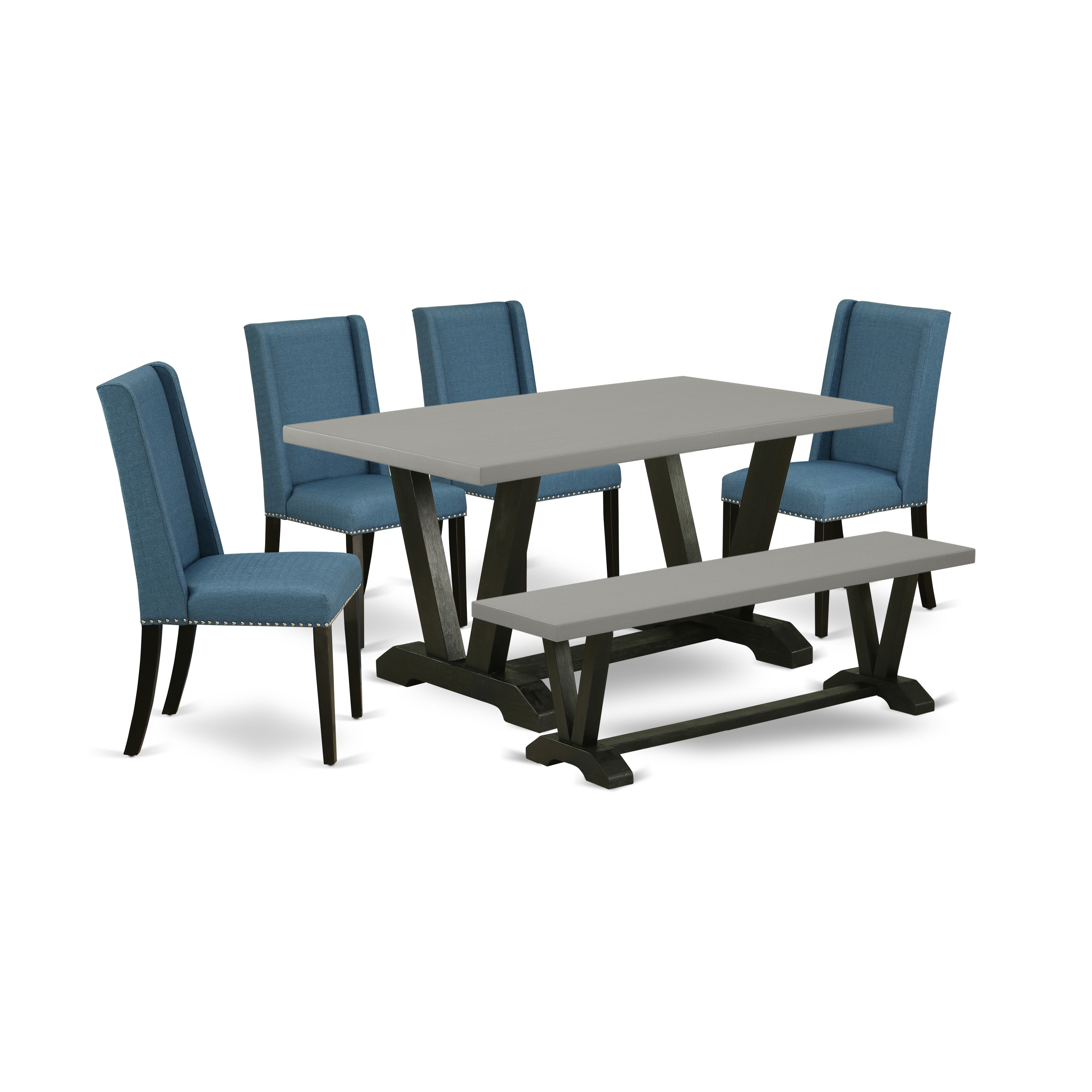 V696FL121-6 6-Piece Dining Table Set with Dining Table and Indoor Bench - 4 Linen Fabric Kitchen Chairs (Wire Brushed Black Finish)