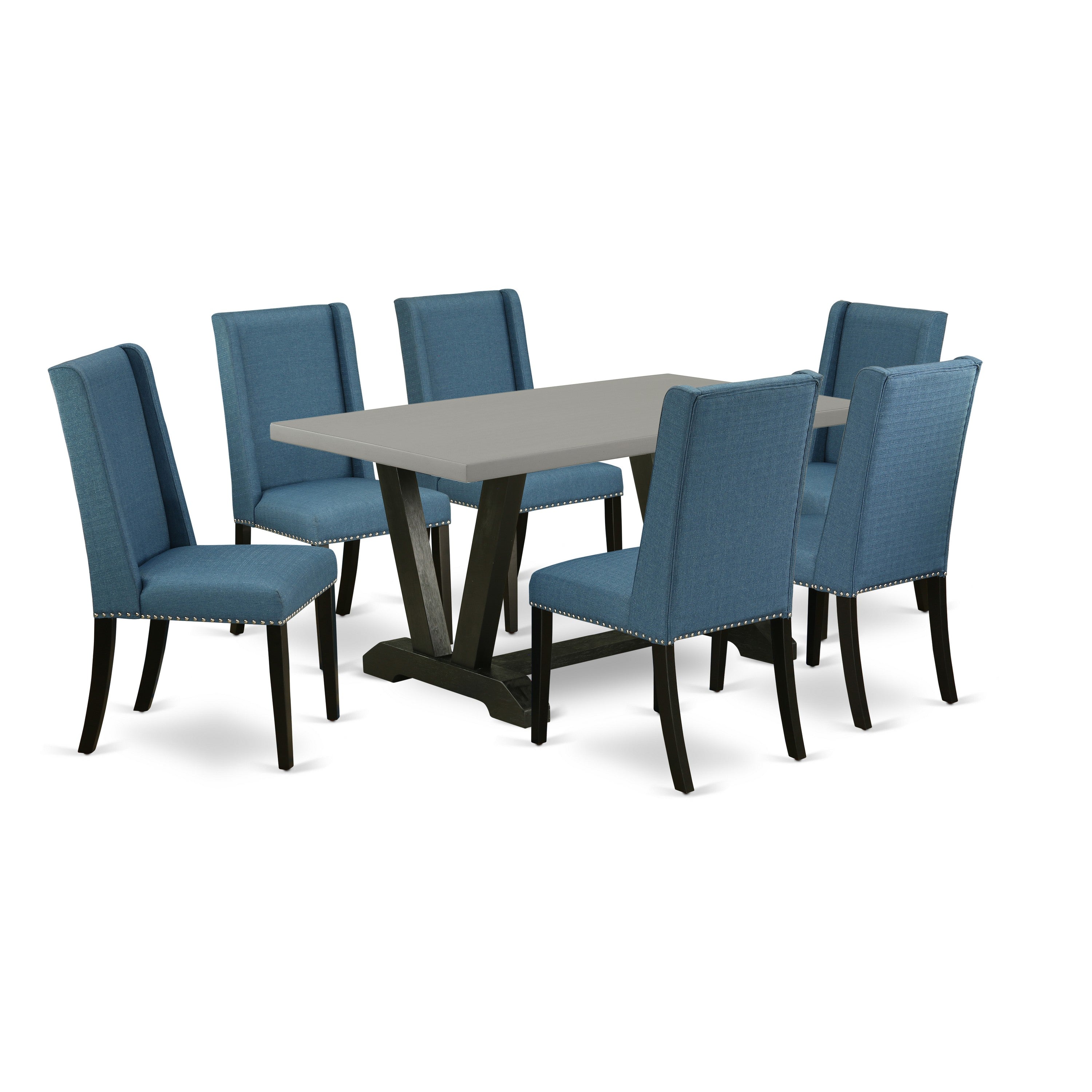 Juego de mesa de comedor moderna East West Furniture V696FL121-7 de 7 piezas compuesto por una mesa rectangular de madera con patas en V y 6 sillas de comedor Parsons de tela de lino azul.