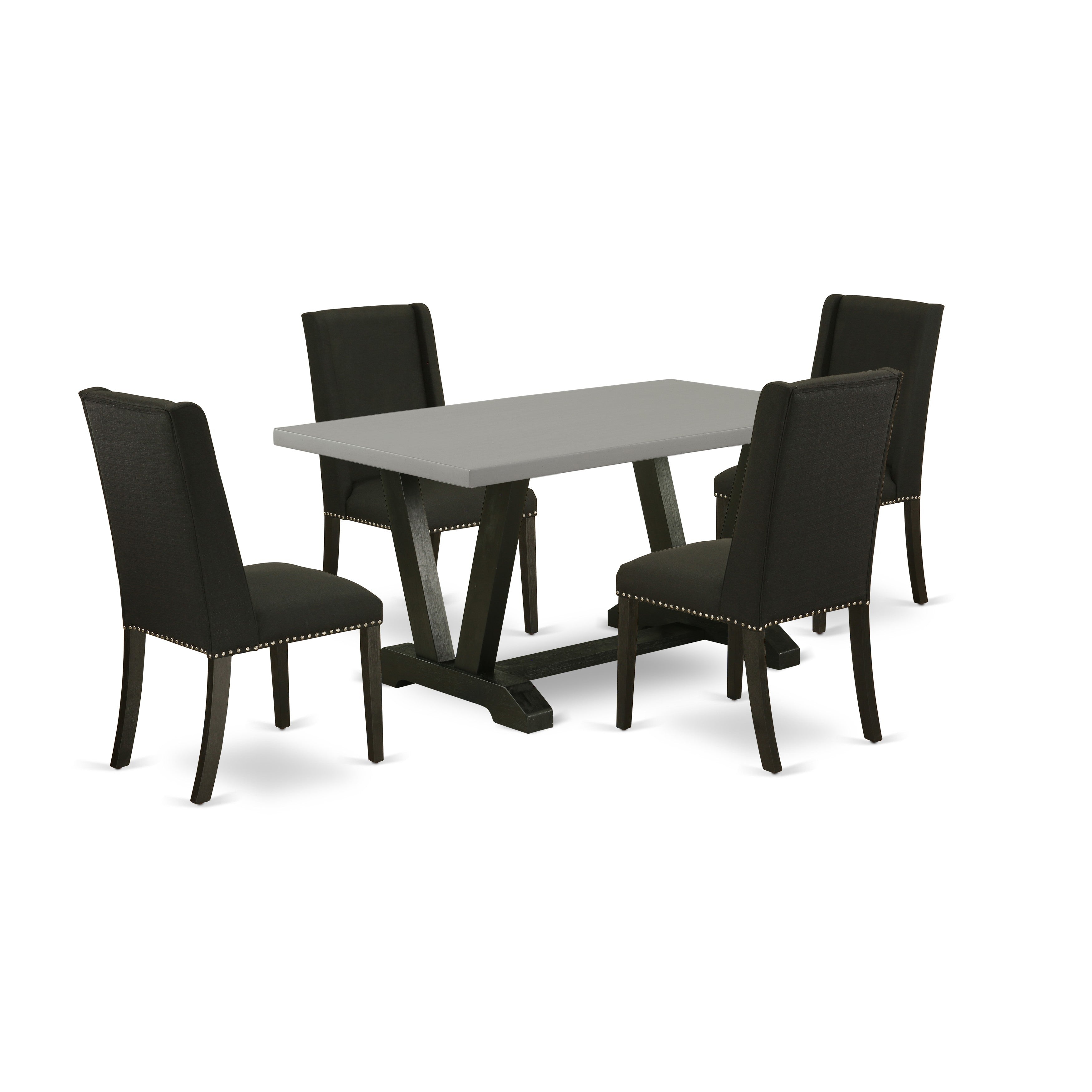 East West Furniture V696FL624-5 5-Pc Dining room Table SetIncluded 4 Kitchen Dining chairs Upholstered Nails Head Seat and Stylish Chair Back and Rectangular Dinette Table with Cement Color Mid Century Dining Table top (Black Finish)