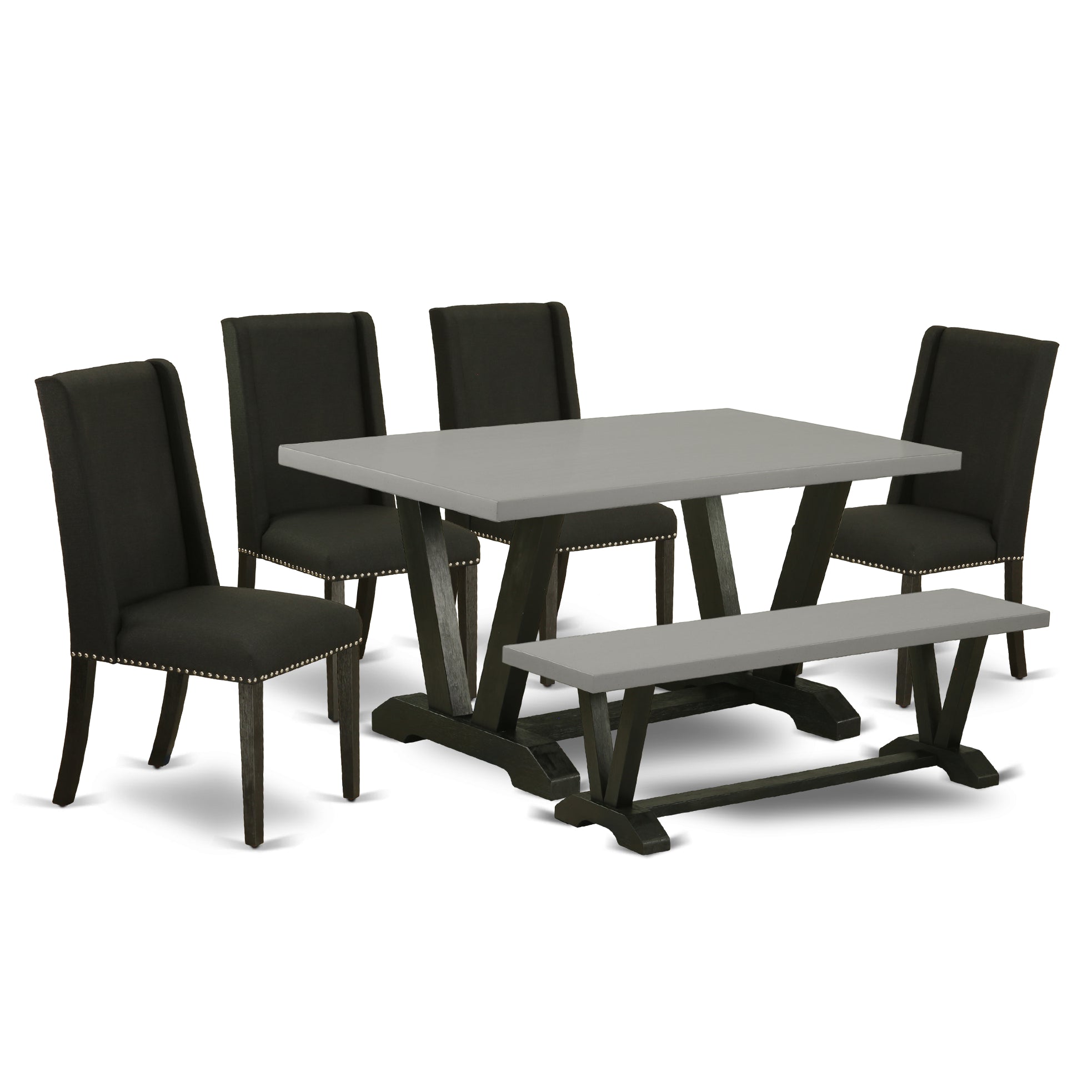 V696FL624-6 6-Pc Dinette Table Set-Black Linen Fabric Seat and Button Tufted Chair Back Upholstered Dining chairs, A Rectangular Bench and Rectangular top Wood Kitchen Table with Wood Legs - Cement and Wire Brushed Black Finish