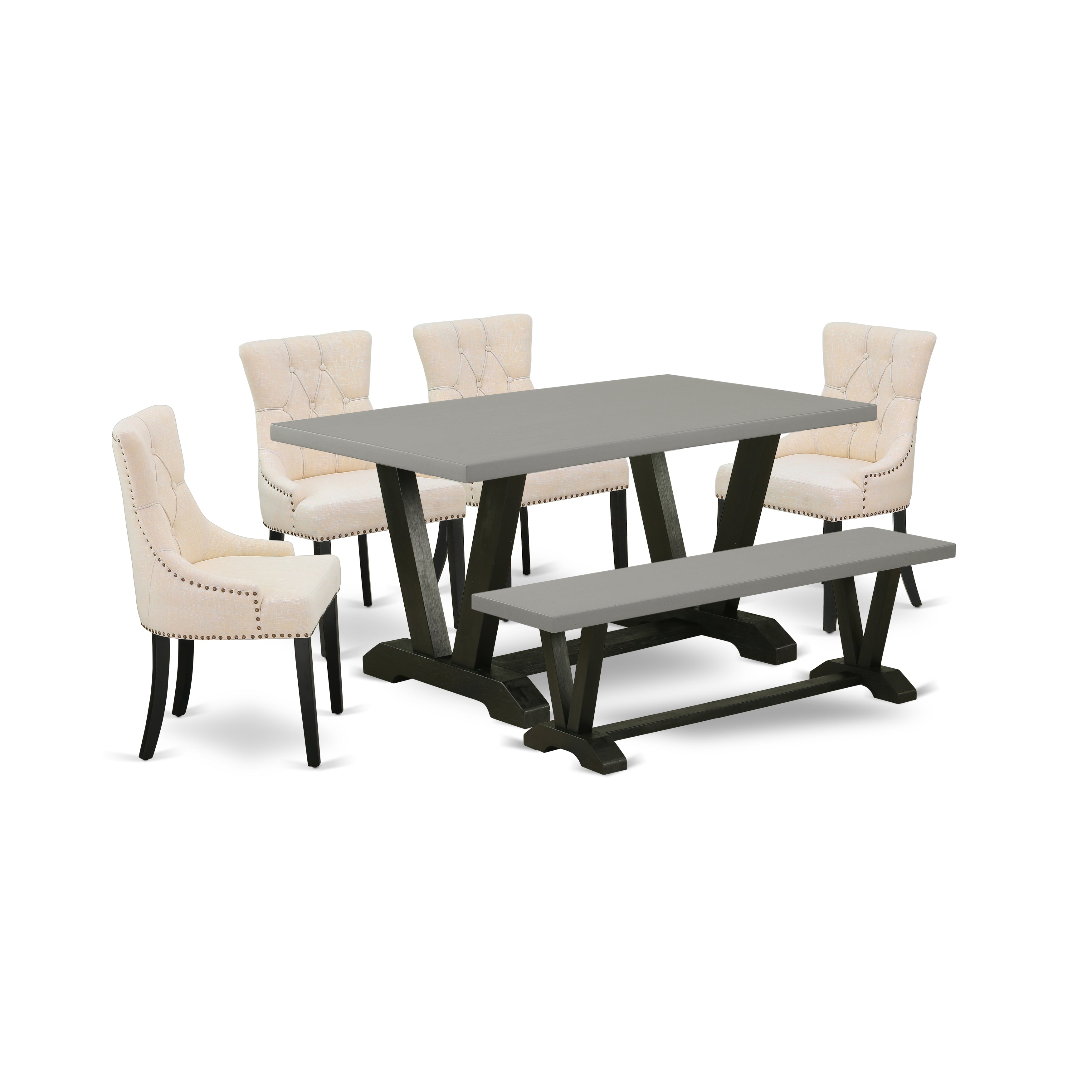 EAST WEST FURNITURE - V696FR102-6 - 6-Pc Modern Dining Set - 4 Parson Chairs, a Dining Bench and 1 Kitchen Dining Table (Wire Brushed Black Finish)