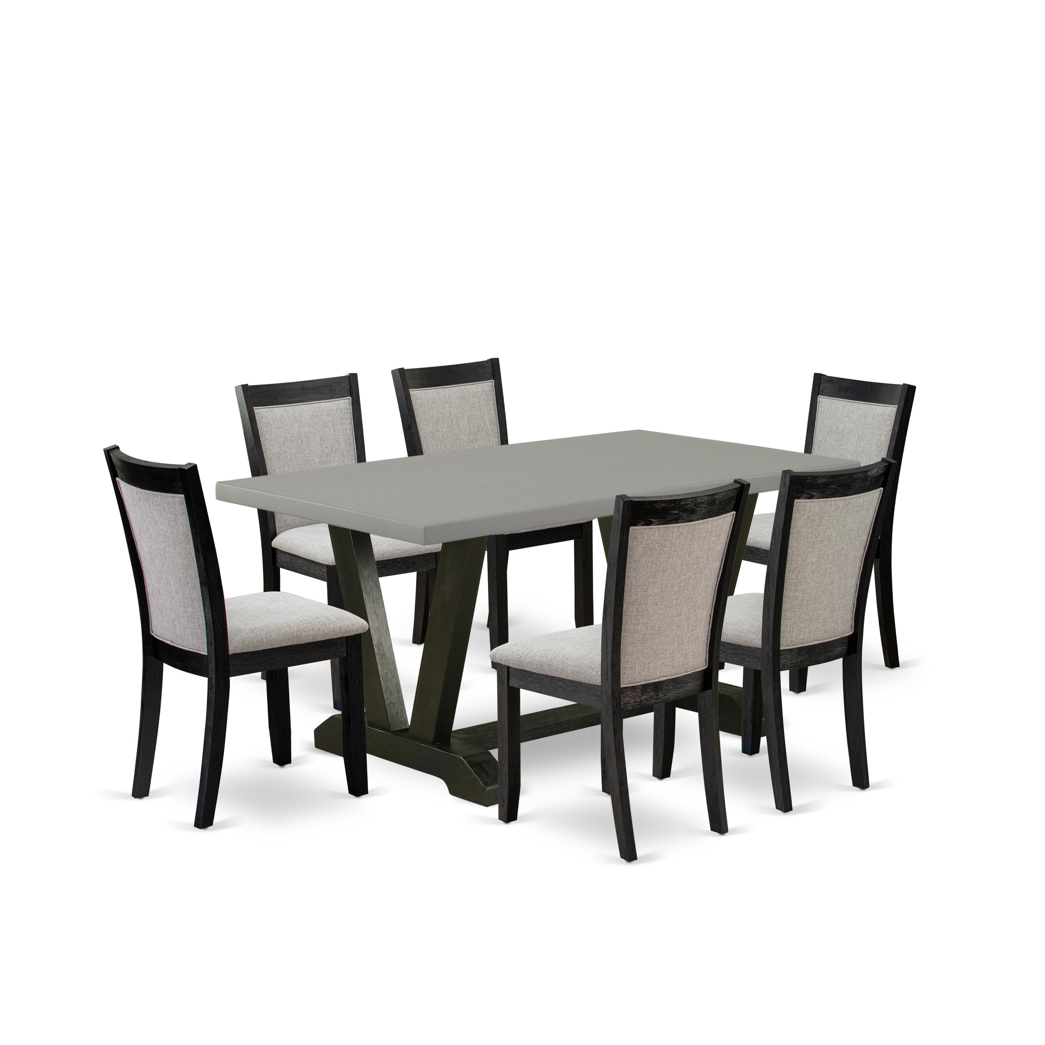 Juego de comedor de 7 piezas East West Furniture V696MZ606-7 compuesto por una mesa de comedor rectangular con patas en V y 6 sillas Parson tapizadas en tela de lino shitake.