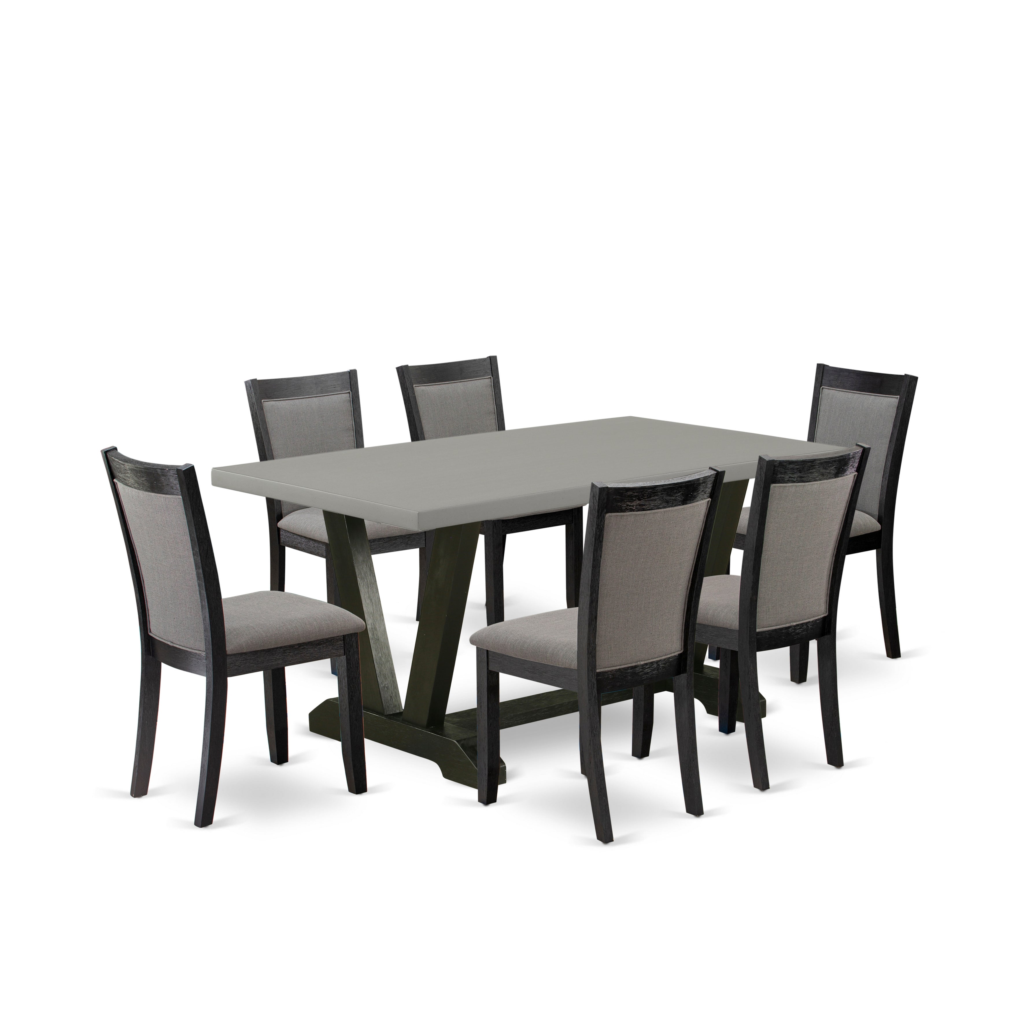 Juego de mesa de comedor East West Furniture V696MZ650-7 de 7 piezas. Incluye una mesa de cocina rectangular con patas en V y 6 sillas Parson de tela de lino gris Gotham oscuro.
