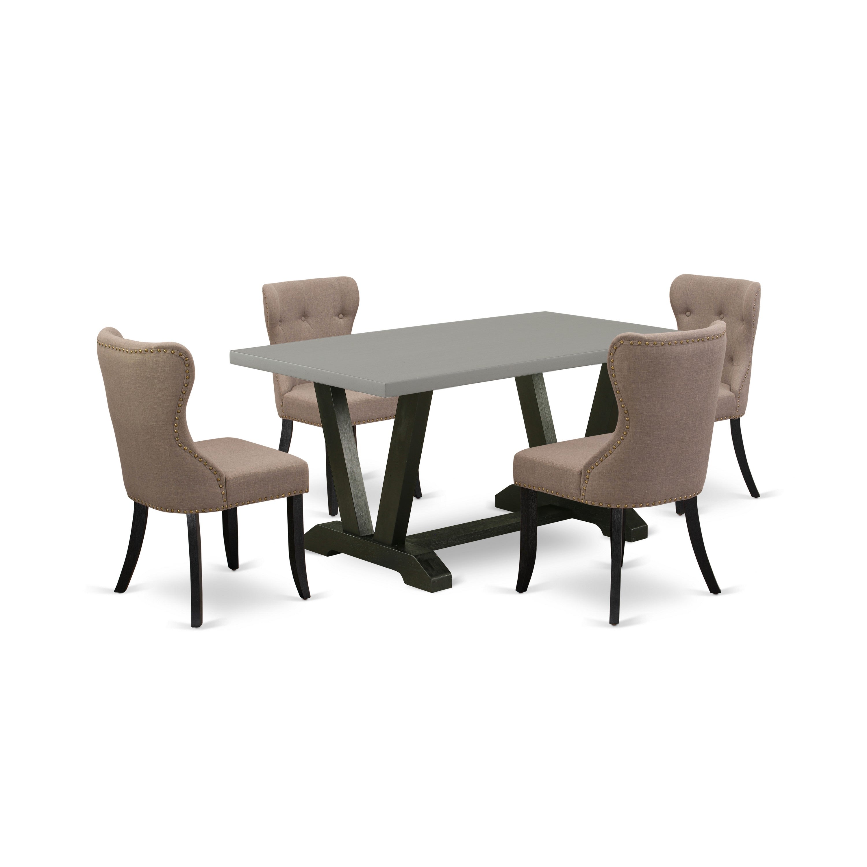 Juego de mesa de comedor de 5 piezas East West Furniture V696SI648-5 para 4 personas. Incluye una mesa de cocina rectangular con patas en V y 4 sillas Parson tapizadas en tela de lino color café.