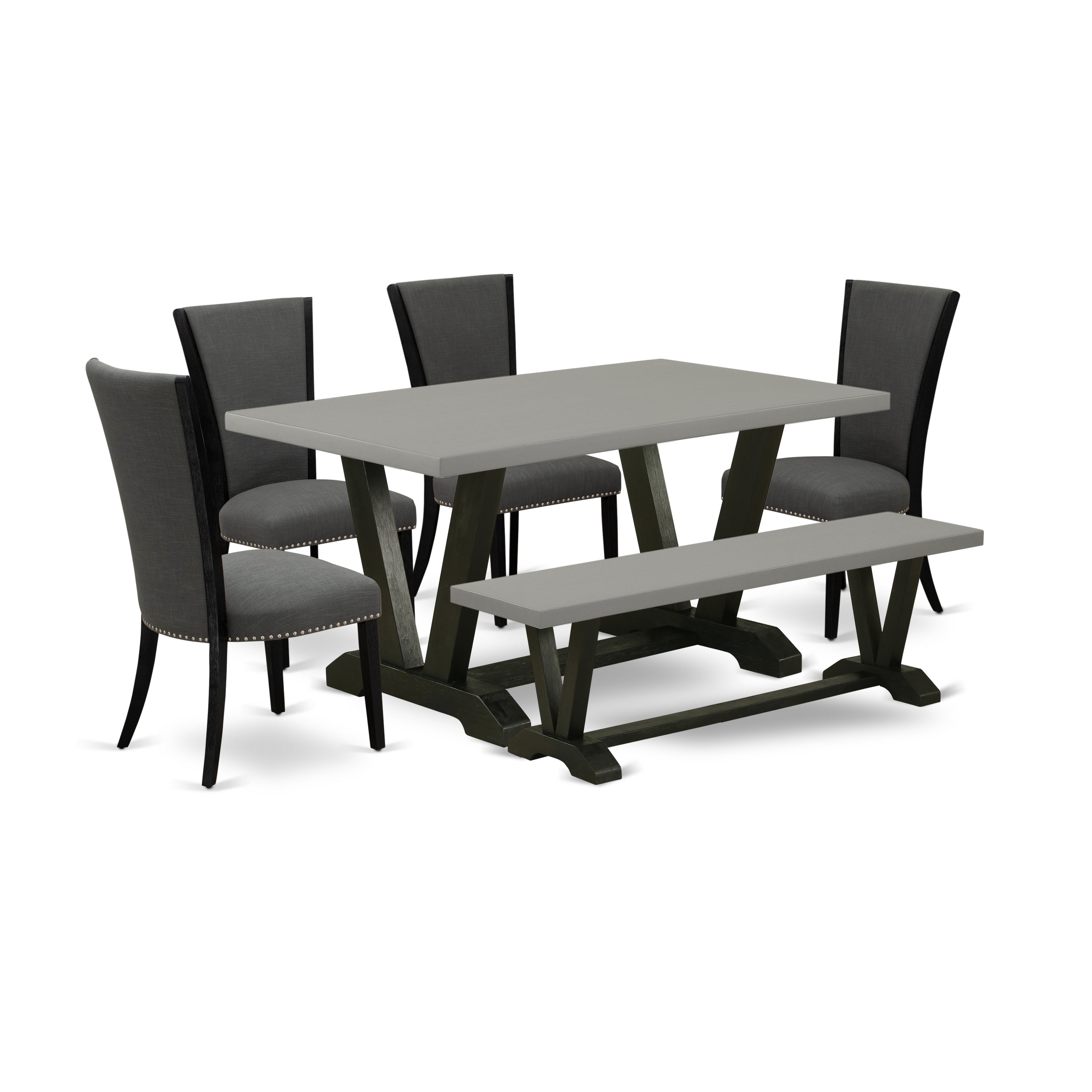 V696VE650-6 6 Piece Dining Room Set - 4 Dark Gotham Grey Linen Fabric Kitchen Chairs with Nailheads and Cement Wood Dining Table - 1 Mid Century Bench - Black Finish