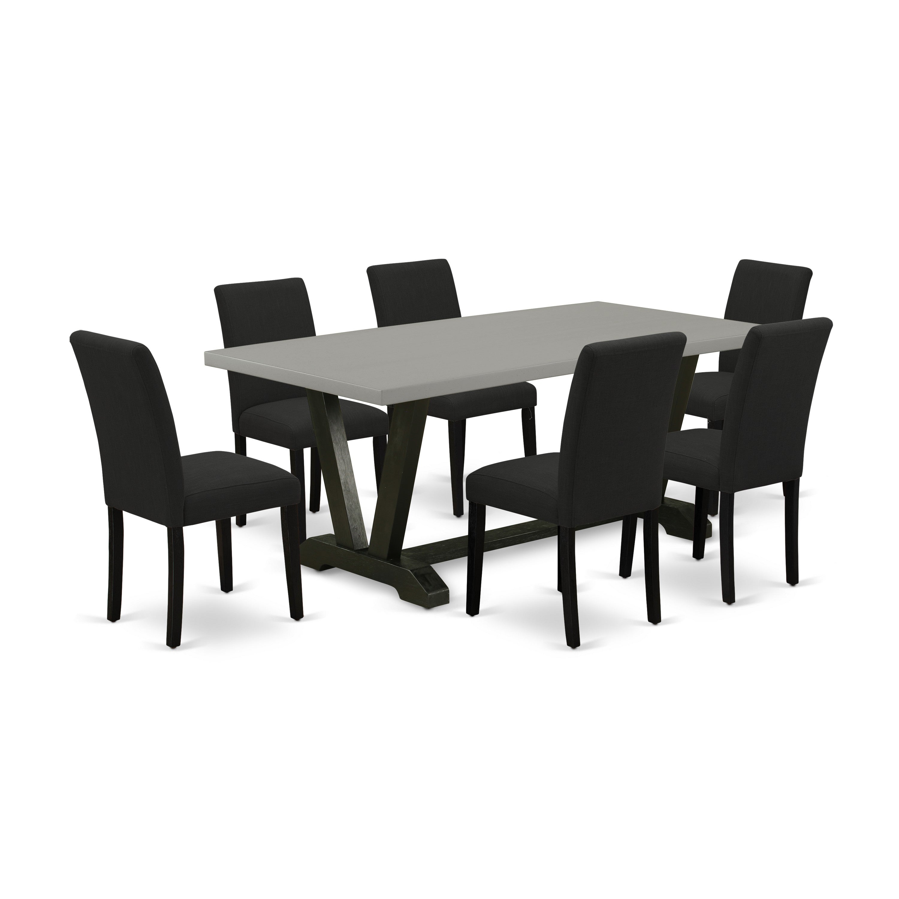 Juego de mesa de comedor moderno East West Furniture V697AB624-7 de 7 piezas compuesto por una mesa rectangular de madera con patas en V y 6 sillas tapizadas en tela de lino de color negro.