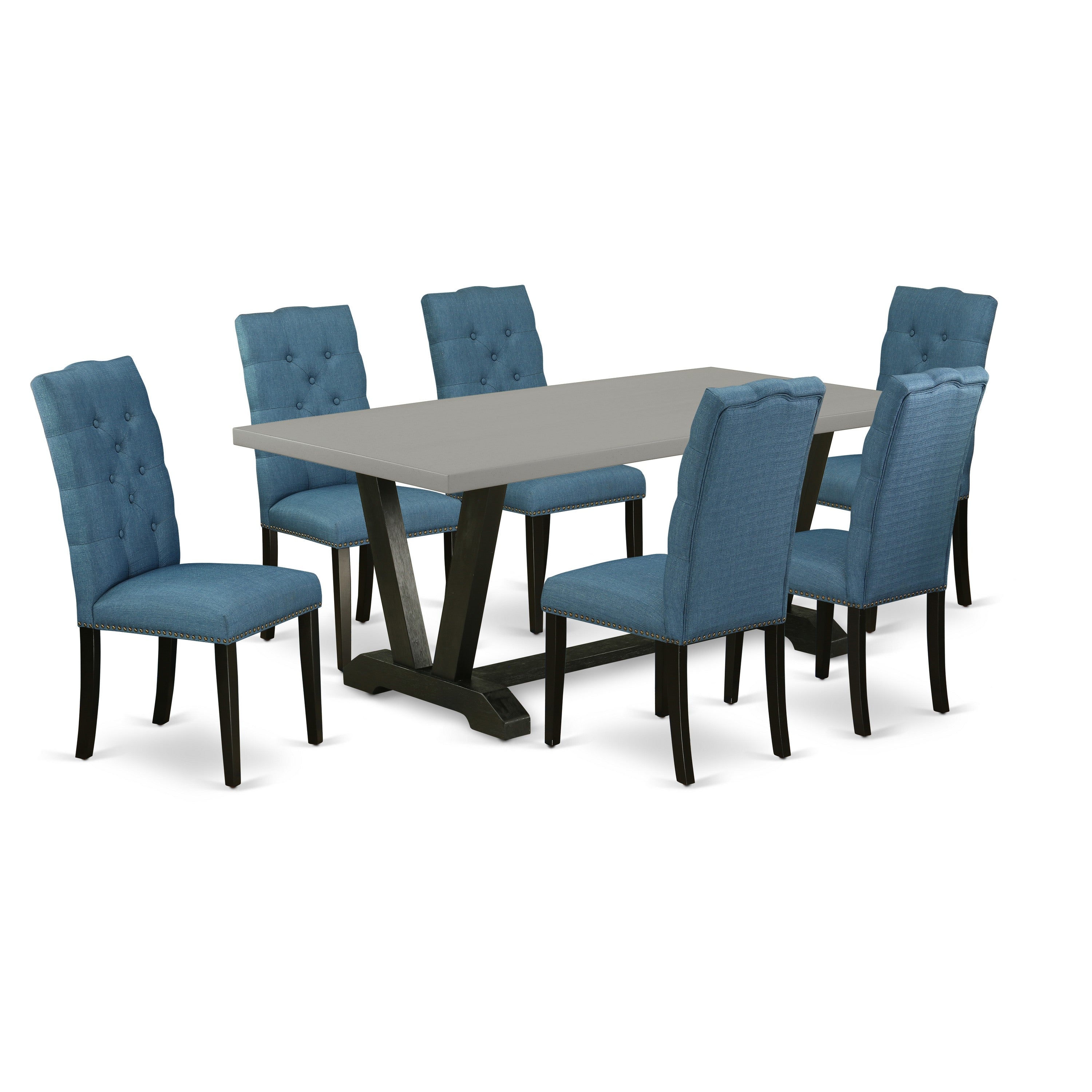 Juego de comedor East West Furniture V697EL121-7 de 7 piezas compuesto por una mesa de comedor rectangular con patas en V y 6 sillas tapizadas en tela de lino azul.
