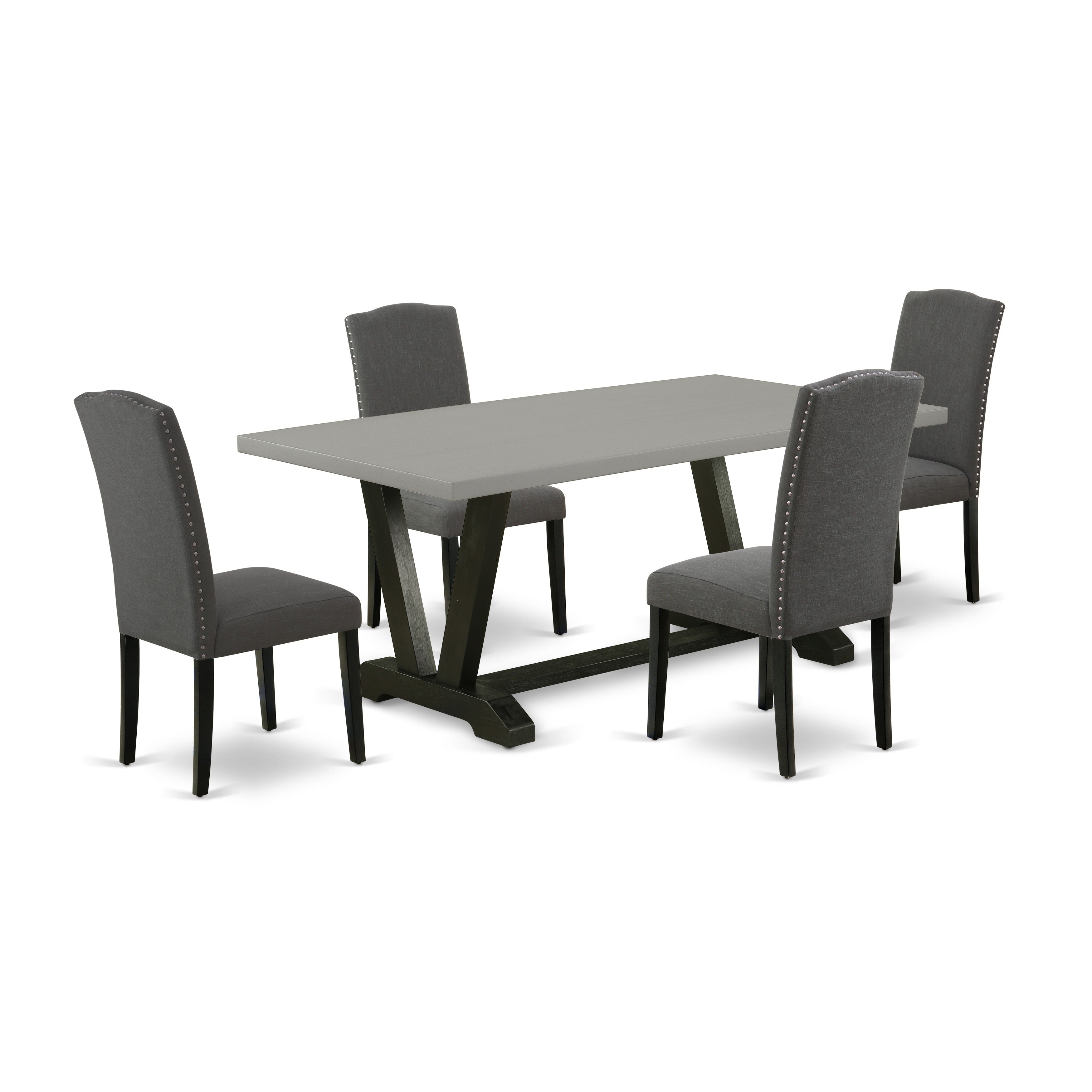 El juego de mesa de comedor de 5 piezas East West Furniture V697EN120-5 incluye una mesa de cocina rectangular con patas en V y 4 sillas de comedor Parson de tela de lino Gotham oscuro.