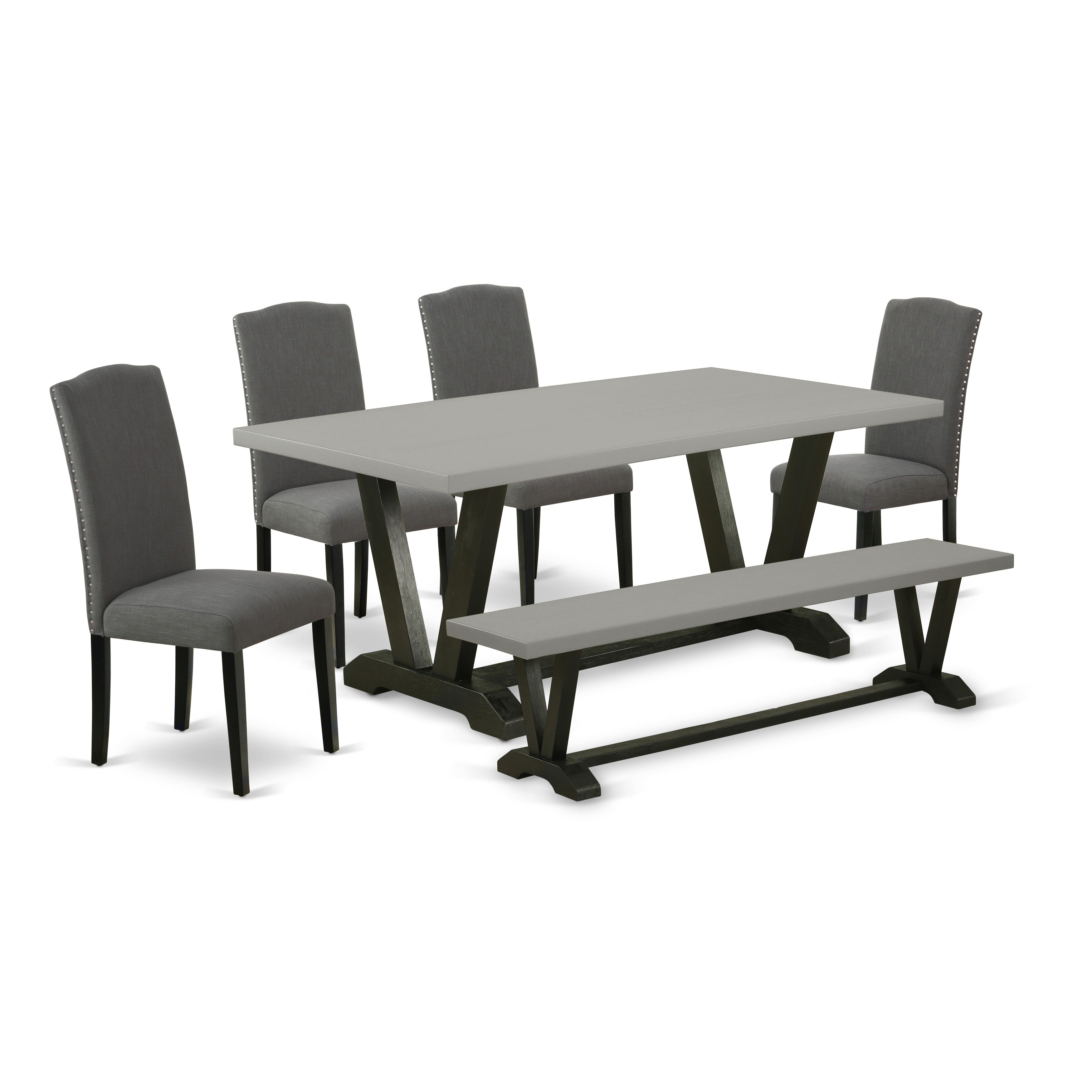Juego de mesa de cocina de 6 piezas East West Furniture V697EN120-6 que incluye una mesa de comedor rectangular con patas en V y 4 sillas Parson de tela de lino Gotham oscuro con un banco
