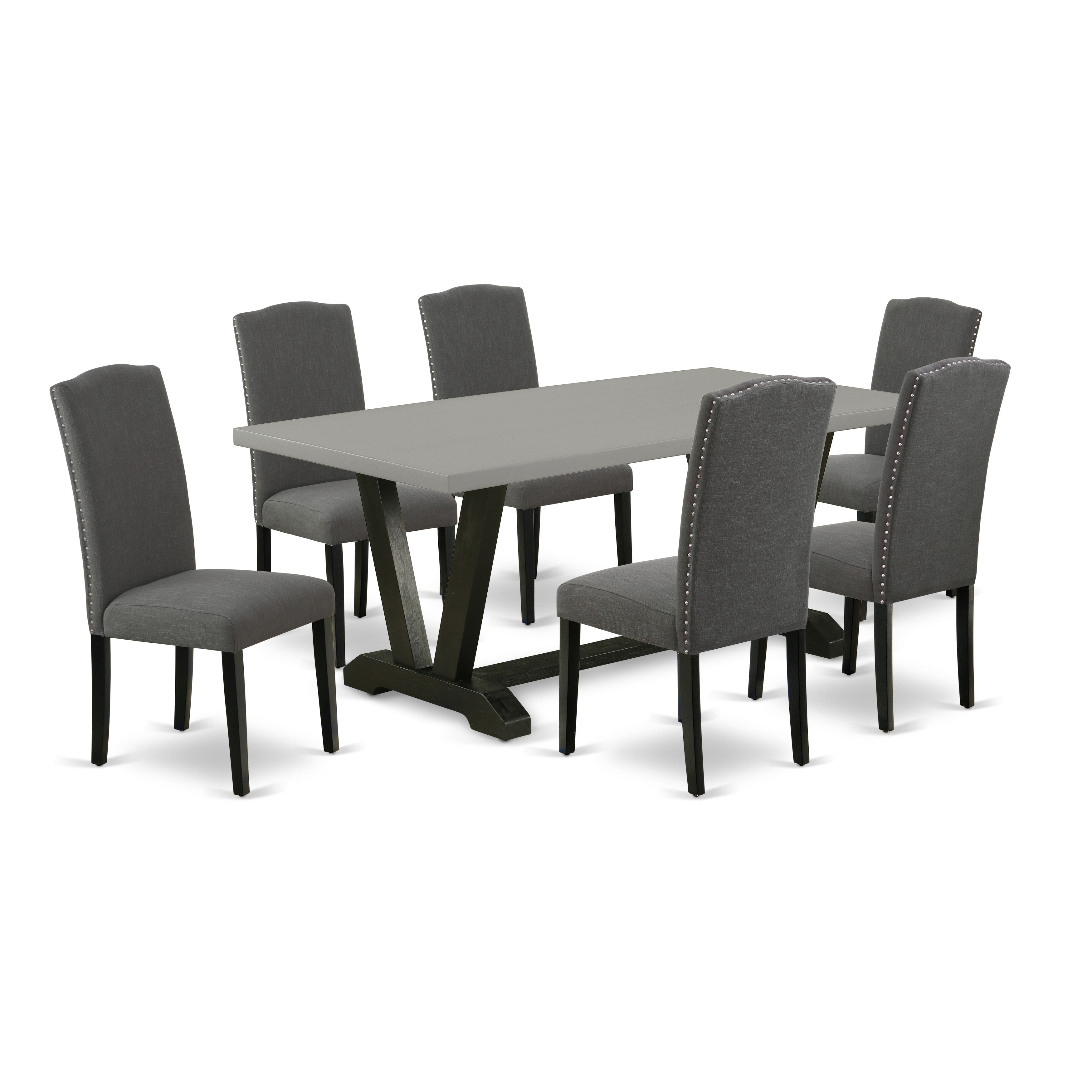 Juego de mesa de cocina de 7 piezas East West Furniture V697EN120-7 compuesto por una mesa de comedor rectangular con patas en V y 6 sillas de comedor Parson de tela de lino Gotham oscuro.