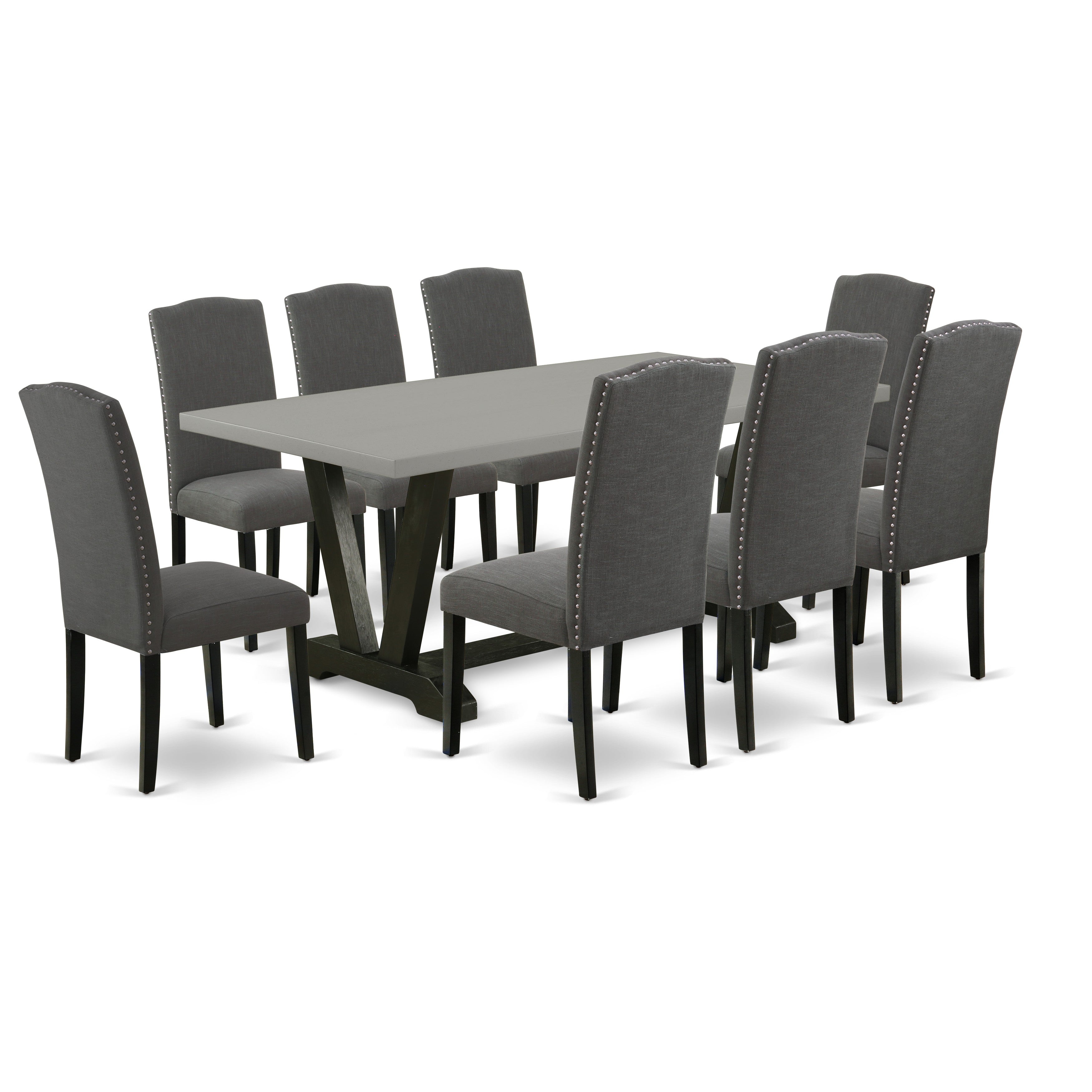 East West Furniture V697EN120-9 9-Piece Rectangular Dinette Set a Wonderful Cement Color Kitchen Table top and 8 Fantastic padded parson chairs with Nail Heads and High Stylish Chair Back, Wire Brushed Black Finish