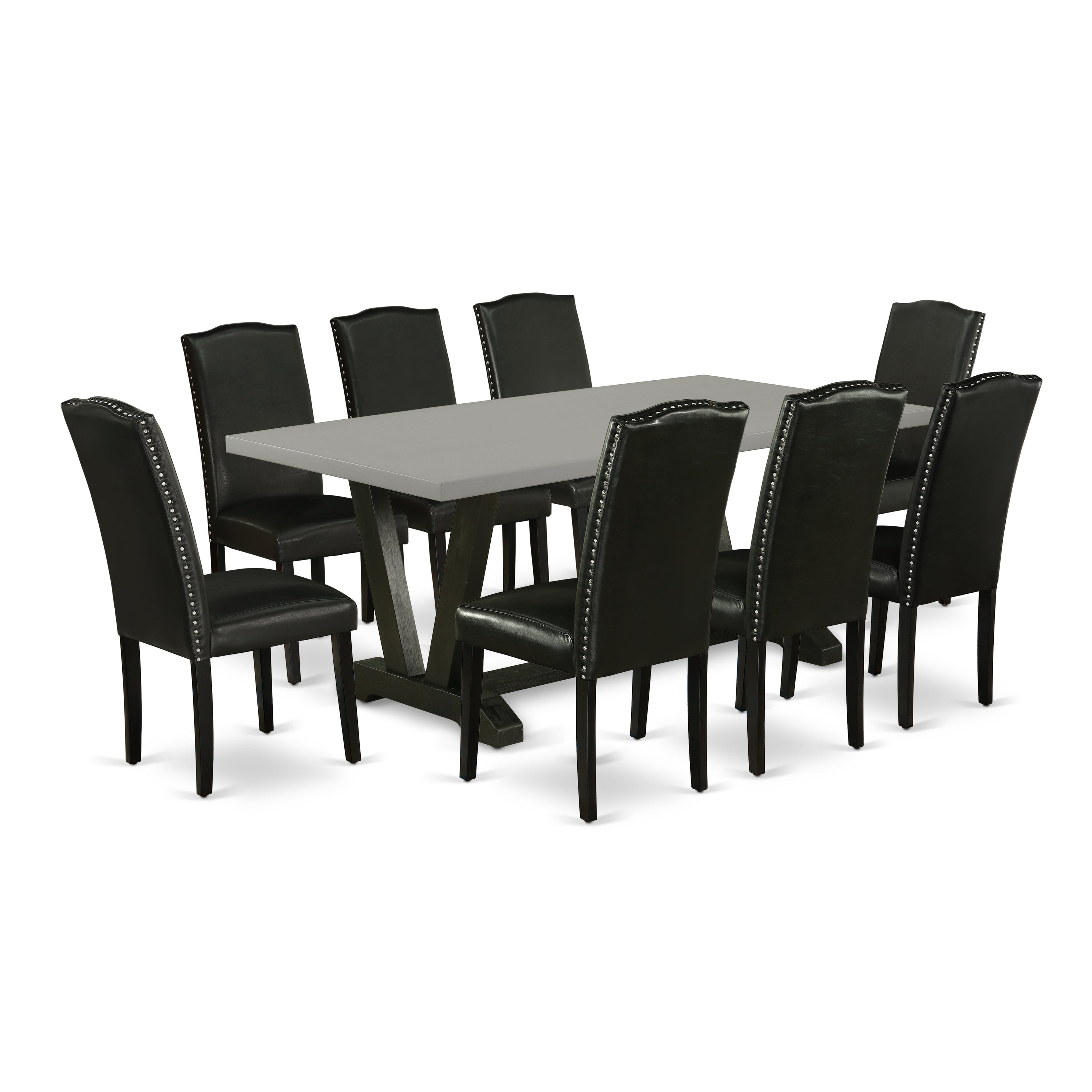 El juego de mesa de comedor de 9 piezas East West Furniture V697EN169-9 incluye una mesa de comedor rectangular con patas en V y 8 sillas Parsons de cuero sintético negro.