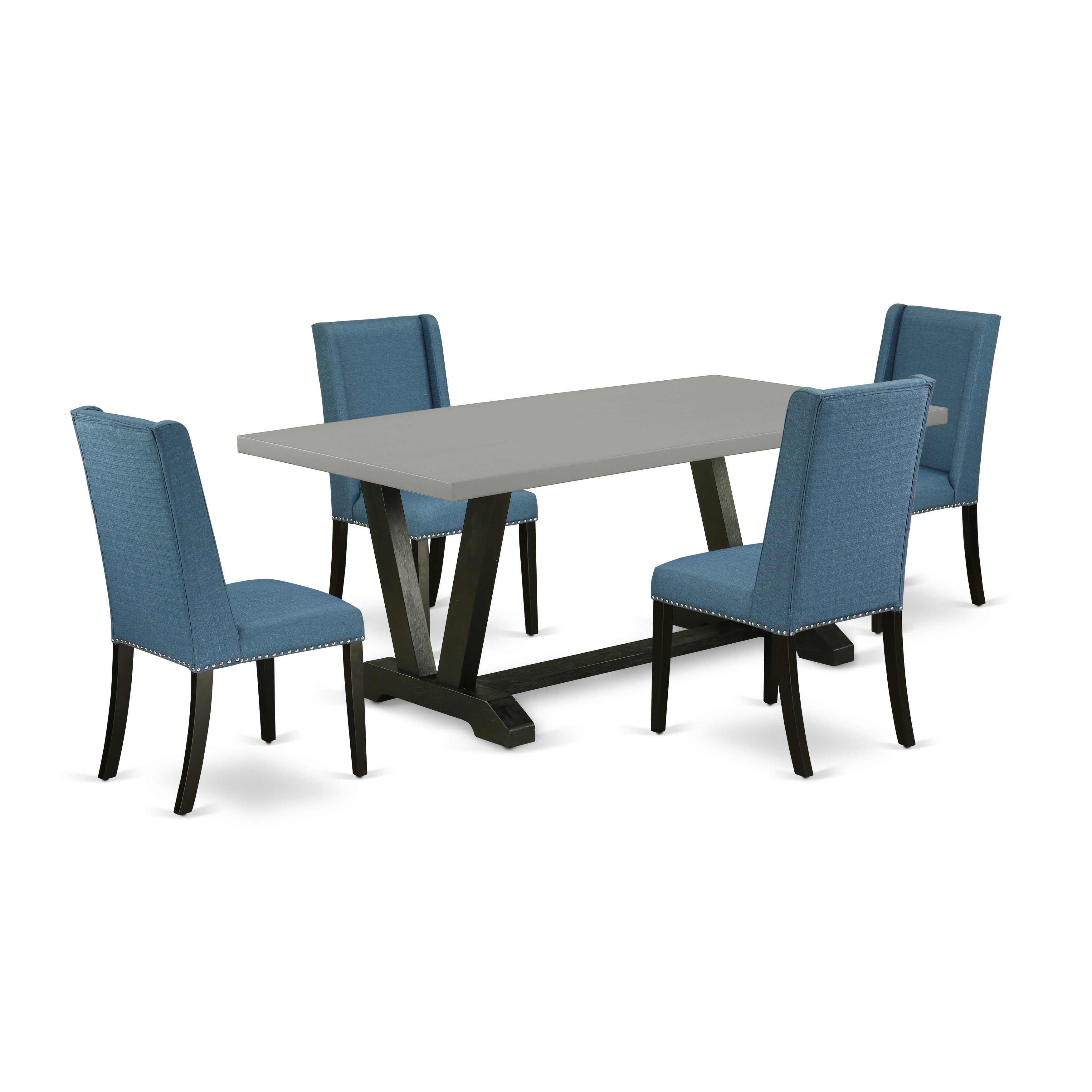 V697FL121-5 5-Piece Dinette SetIncluded 4 dining room chairs Upholstered Nails Head Seat and Stylish Chair Back and rectangular Dining Table with Cement Color Dining Table top (Black Finish)