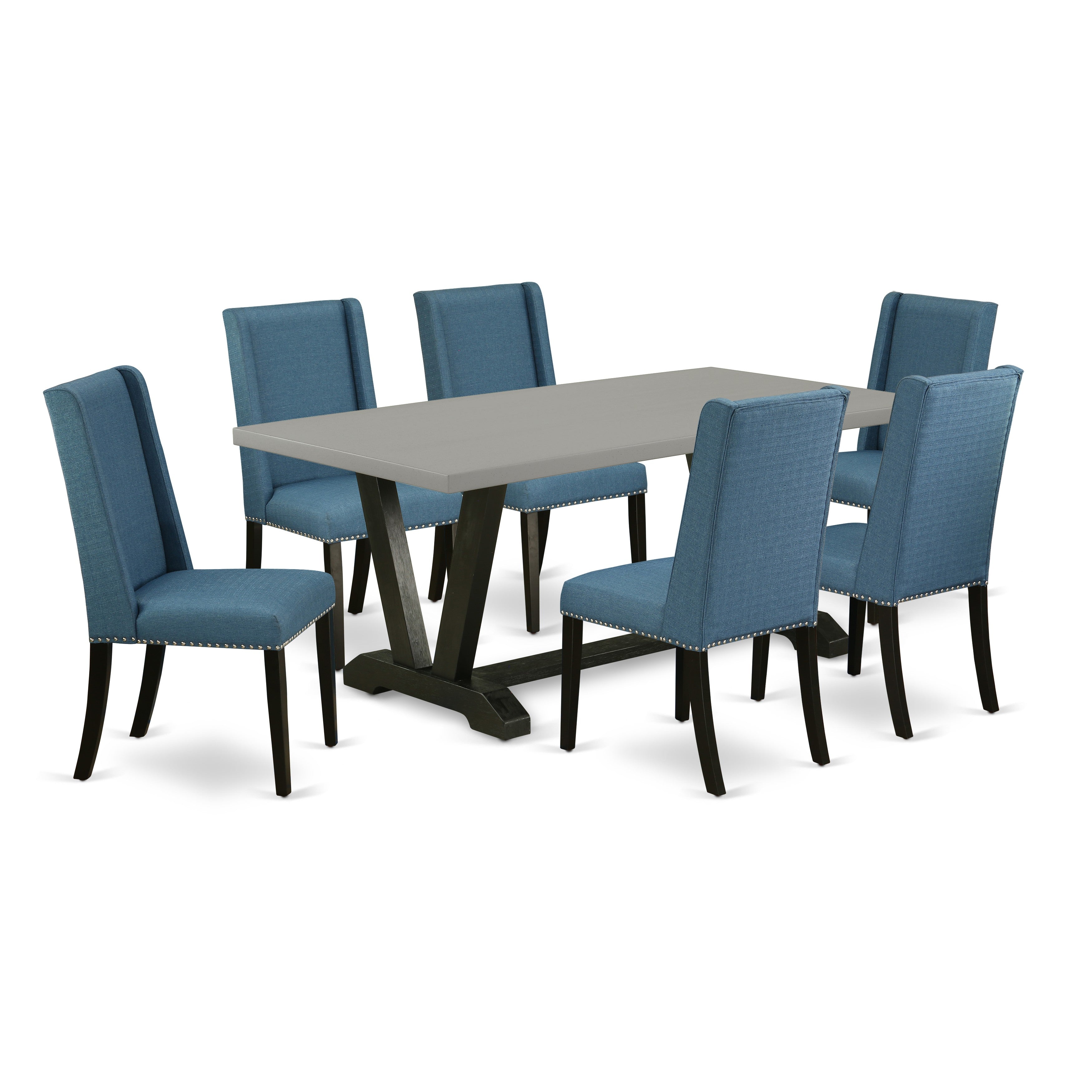 V697FL121-7 7-Pc dining room table set a wonderful Cement Color rectangular table top and 6 Beautiful parson dining chairs with Nail heads and Stylish Chair Back, Wire Brushed Black Finish