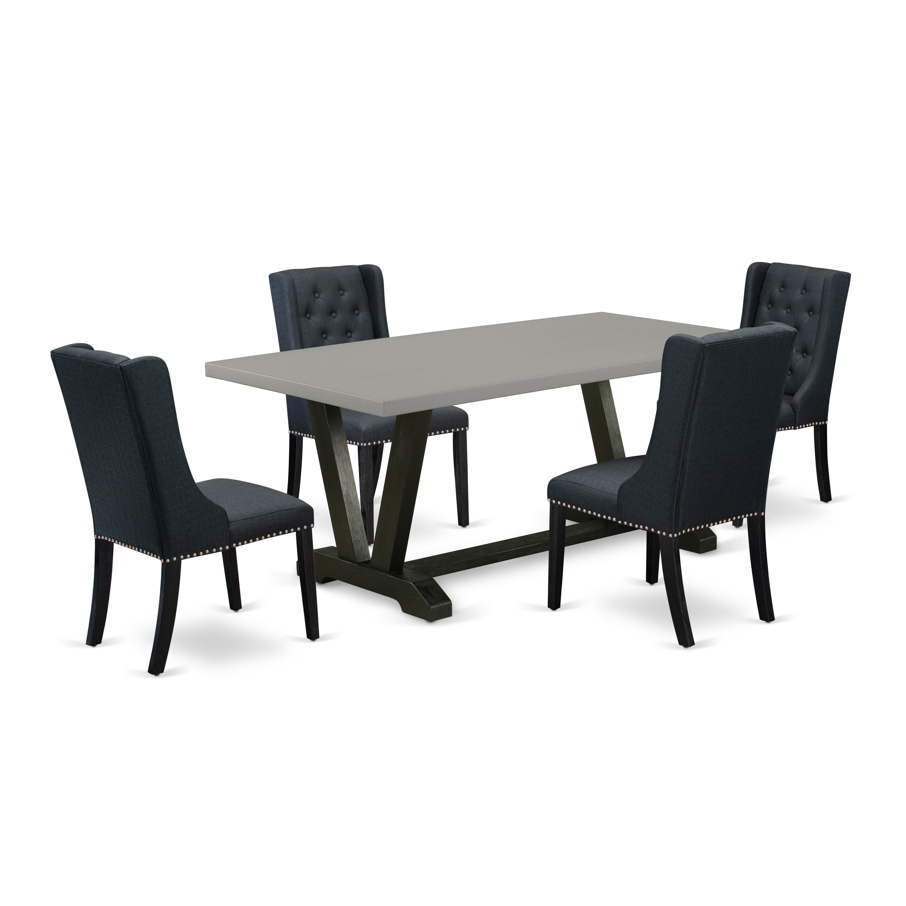 Juego de mesa de cocina de 5 piezas East West Furniture V697FO624-5 para 4 personas. Incluye una mesa de comedor rectangular con patas en V y 4 sillas de comedor Parson de tela de lino negro.