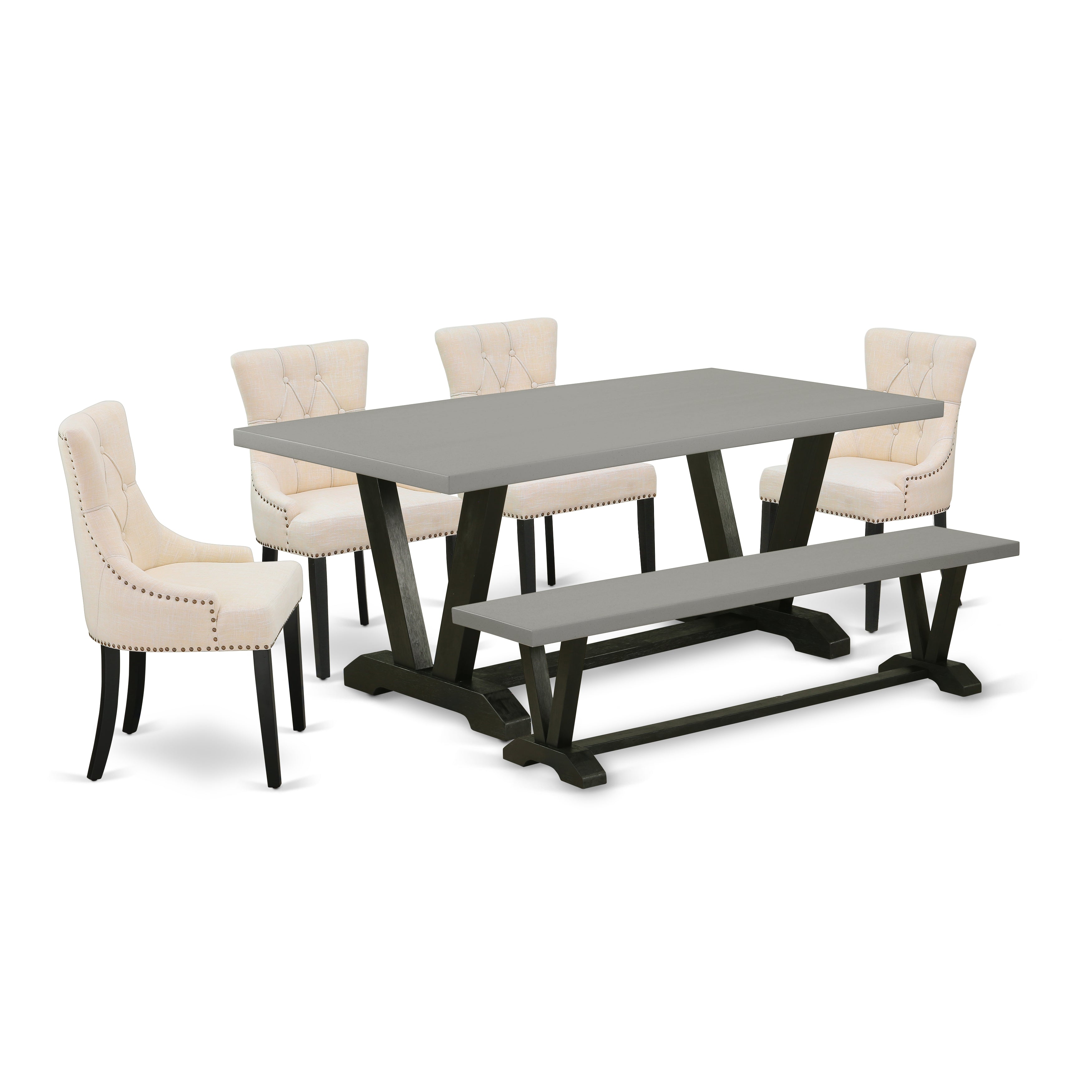 Juego de mesa de comedor de 6 piezas East West Furniture V697FR102-6. Contiene una mesa de cocina rectangular con patas en V y 4 sillas Parson de tela de lino beige claro con un banco.