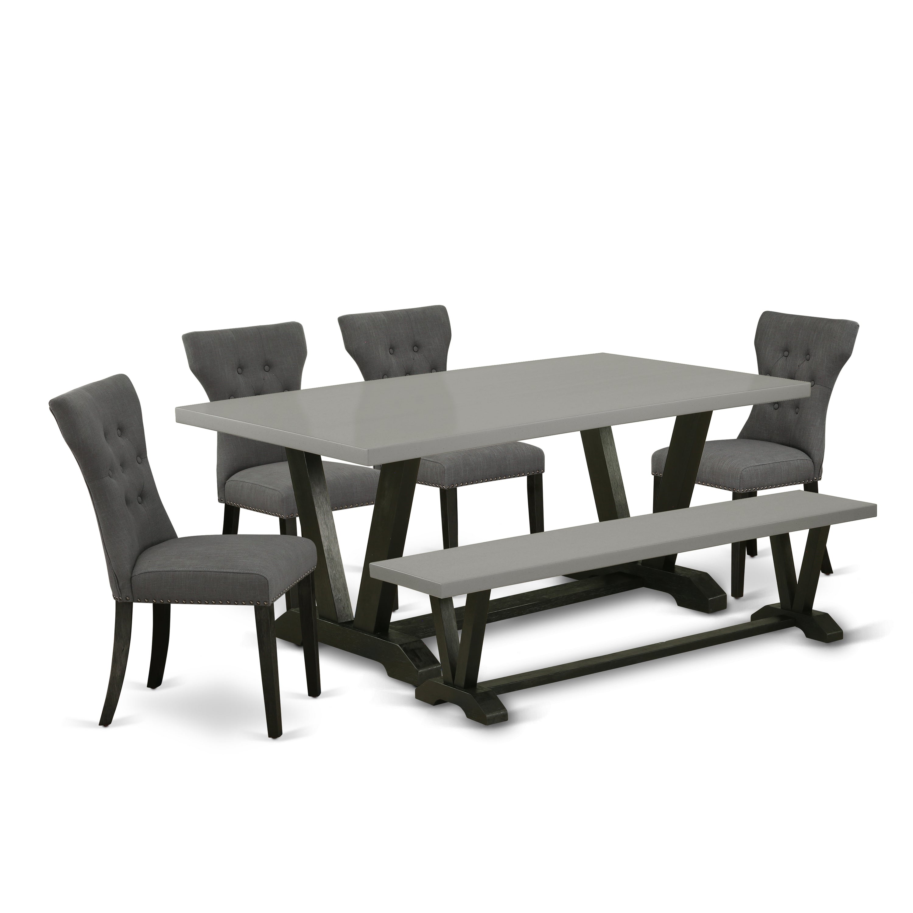 East West Furniture V697GA650-6 6-Pc Modern Dining Table Set an Excellent Cement Color Kitchen Table top and a Gorgeous Bench and 4 beautiful dining room chairs with Button Tufted Chair Back, Wire Brushed Black Finish