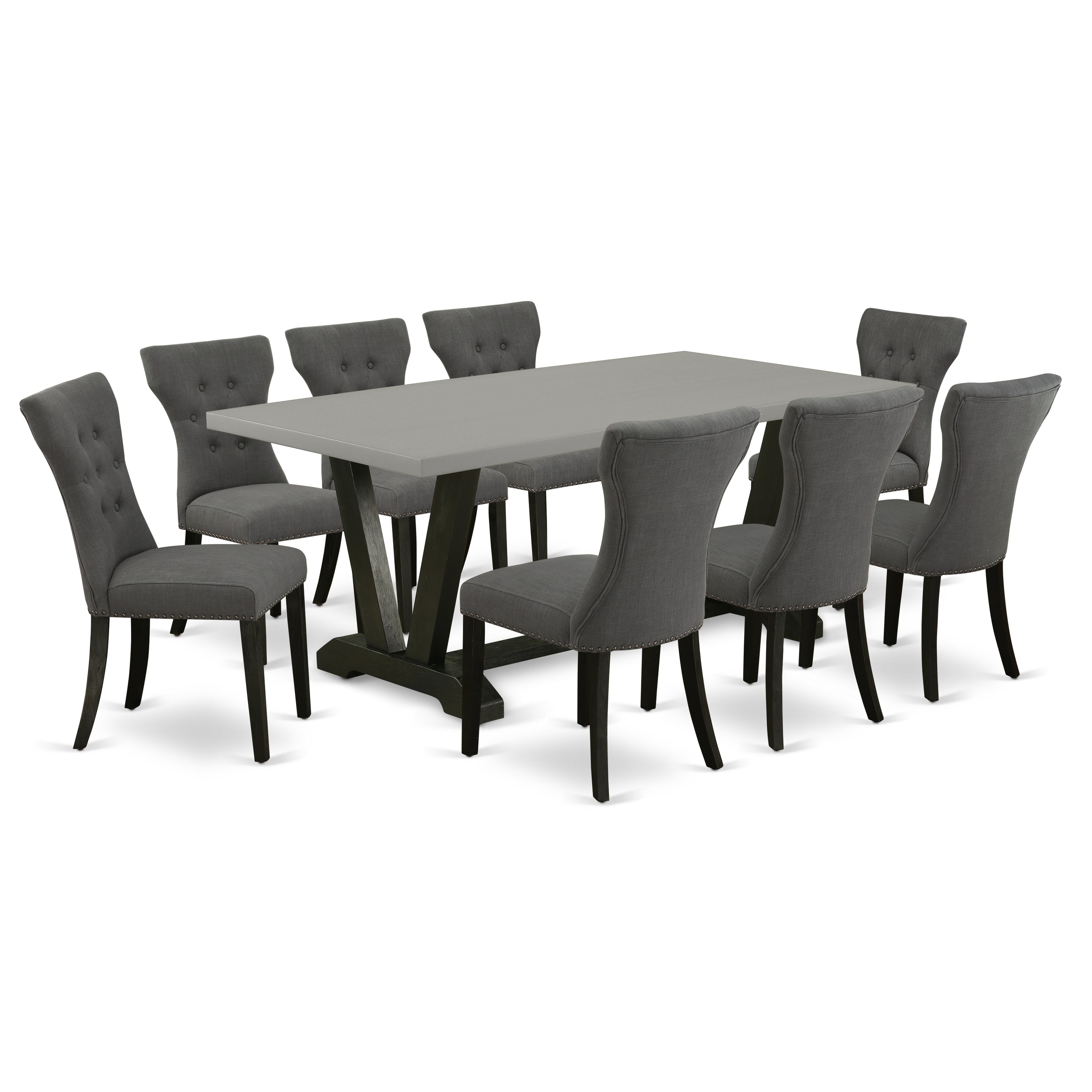 East West Furniture V697GA650-9 9-Piece Modern Dining Table Set a Wonderful Cement Kitchen Table top and 8 Gorgeous Dining chairs with Nail Heads and High Stylish Button Tufted Chair Back, Wire Brushed Black Finish