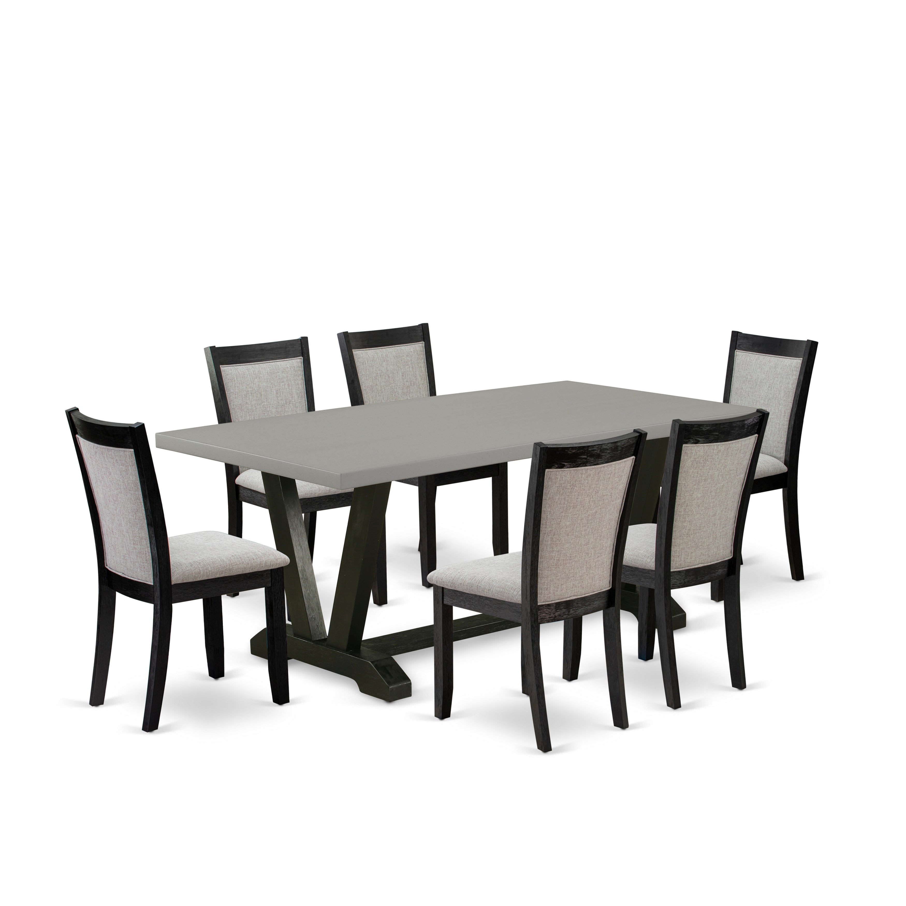 East West Furniture V697MZ606-7 7 Piece Mid Century Dining Set - Cement Top Modern Kitchen Table with Trestle Base and 6 Shitake Linen Fabric Upholstered Dining Chairs - Wire Brushed Black Finish