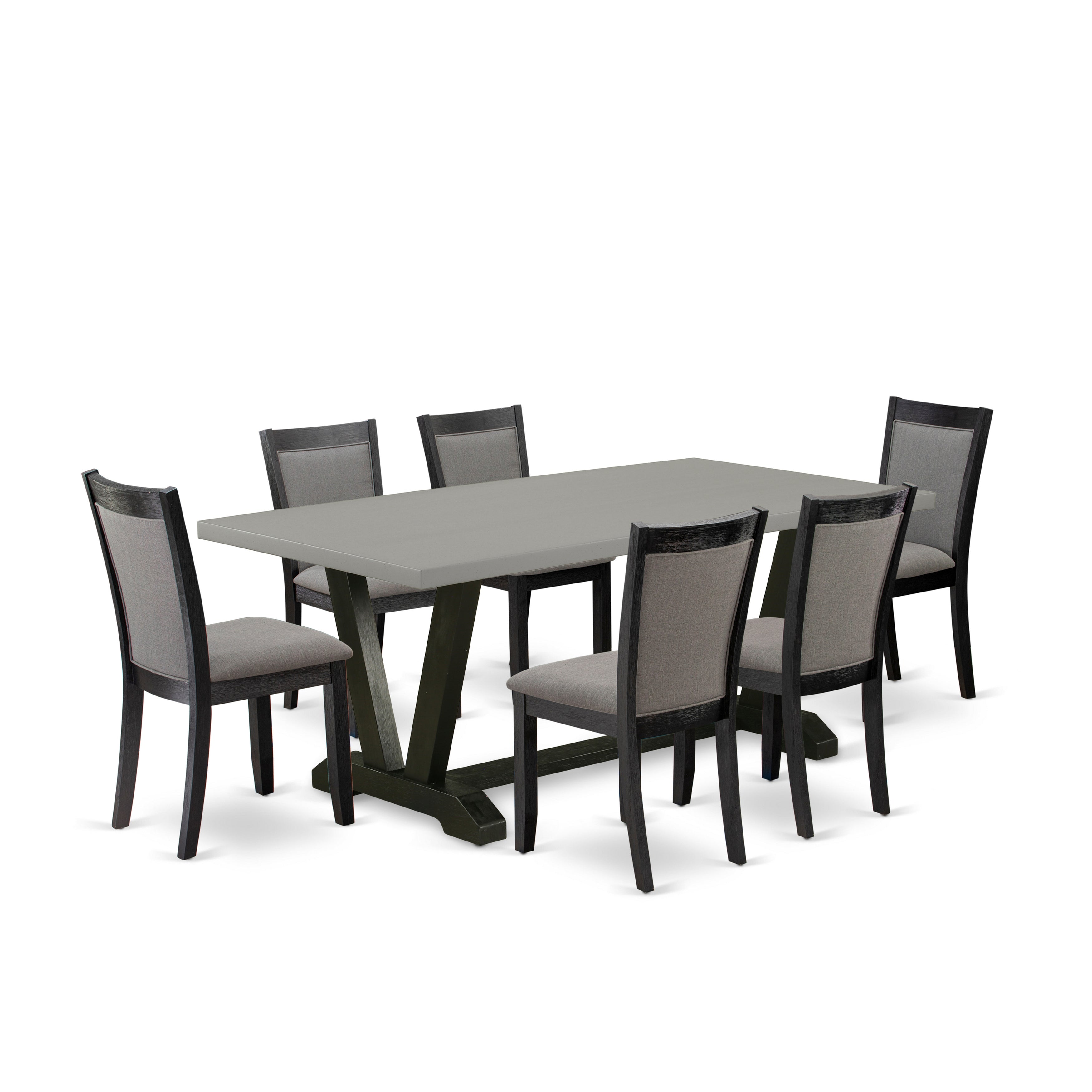 East West Furniture V697MZ650-7 7 Piece Modern Dining Set - Cement Top Modern Kitchen Table with Trestle Base and 6 Dark Gotham Grey Linen Fabric Dining Chairs - Wire Brushed Black Finish