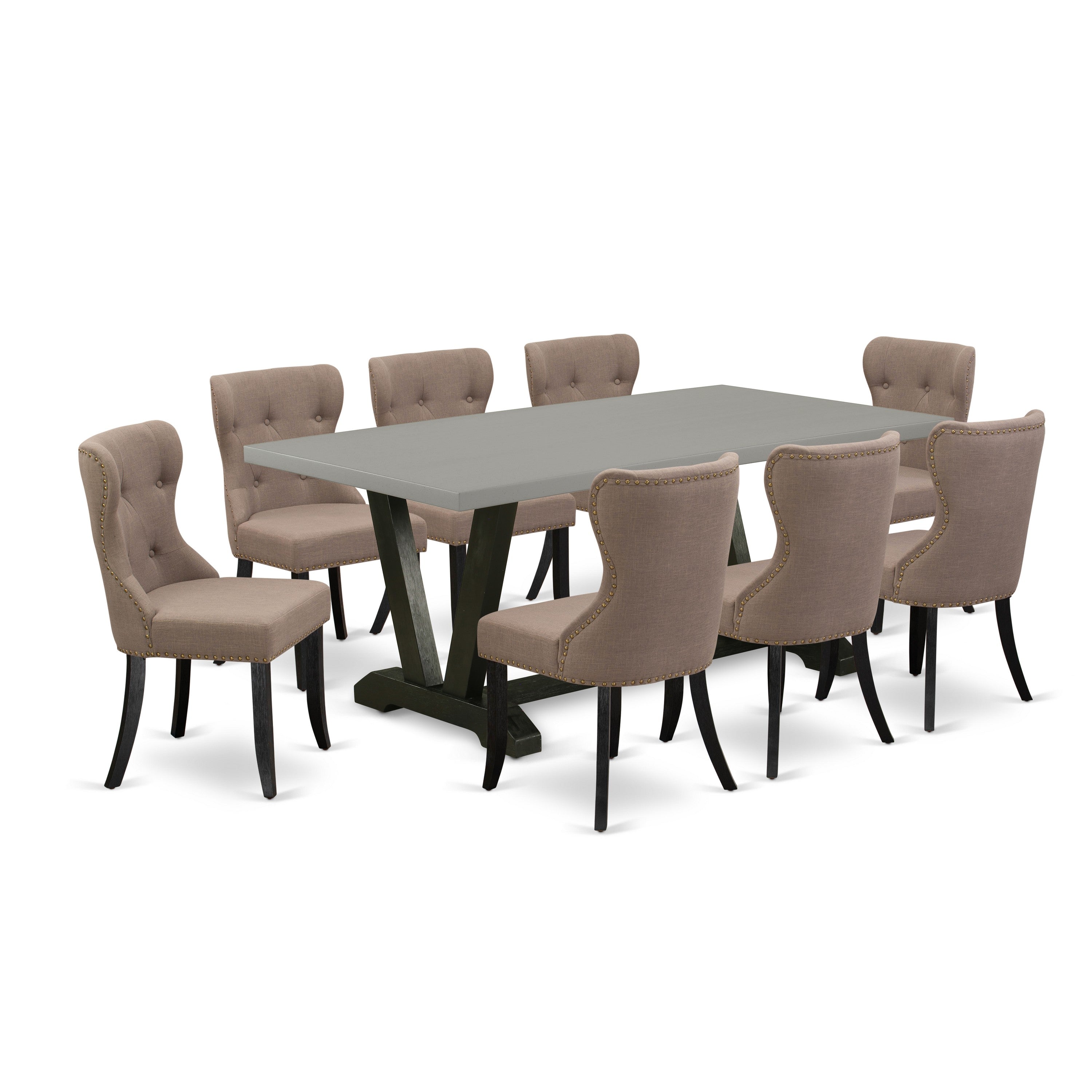 Juego de comedor East West Furniture V697SI648-9 de 9 piezas. Incluye una mesa de comedor rectangular con patas en V y 8 sillas tapizadas en tela de lino color café, 40 x 72 pulgadas, multicolor.