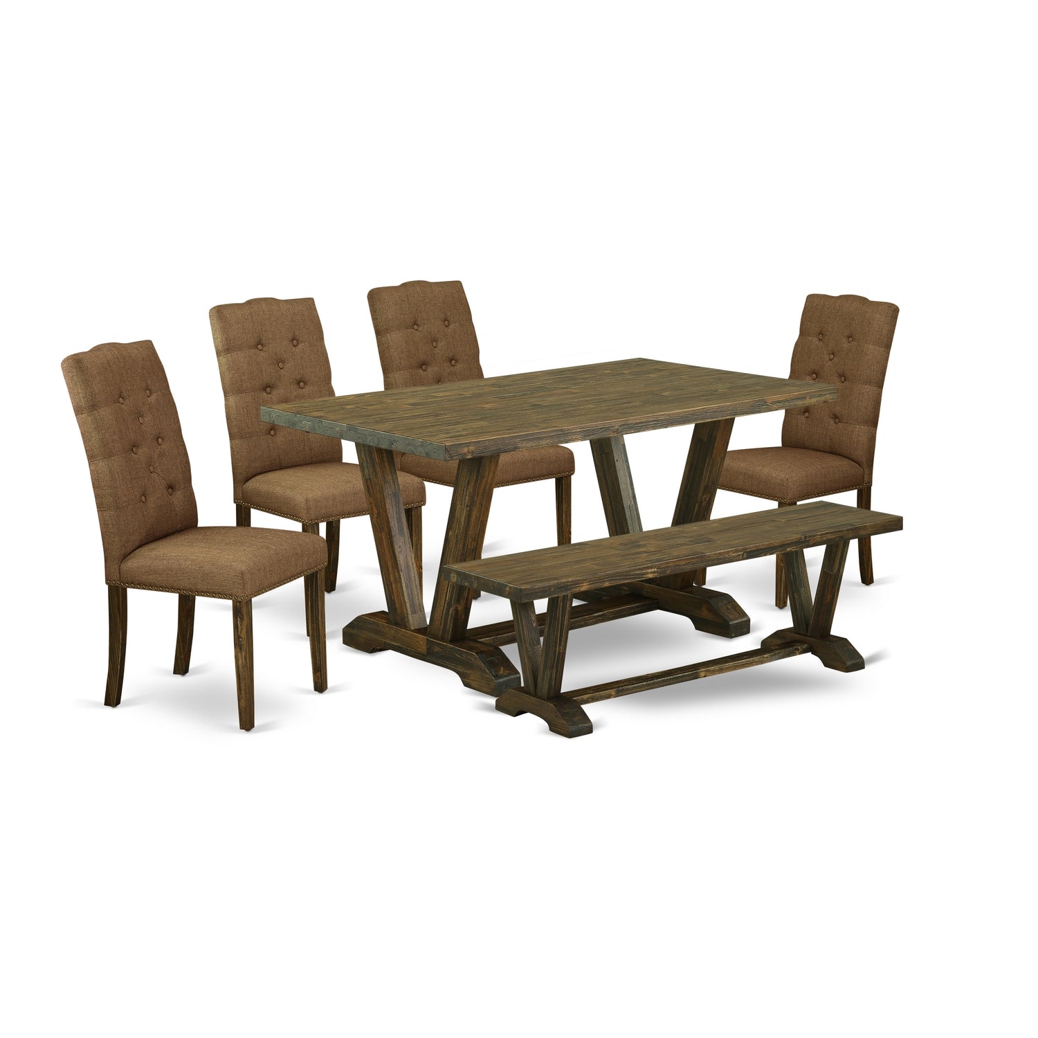 V776EL718-6 6-Piece Dining room Table Set-Brown Beige Linen Fabric Seat and Button Tufted Chair Back Dining chairs, A Rectangular Bench and Rectangular top Dining room Table with Solid Wood Legs - Distressed Jacobean and Distressed Jacobean Finish