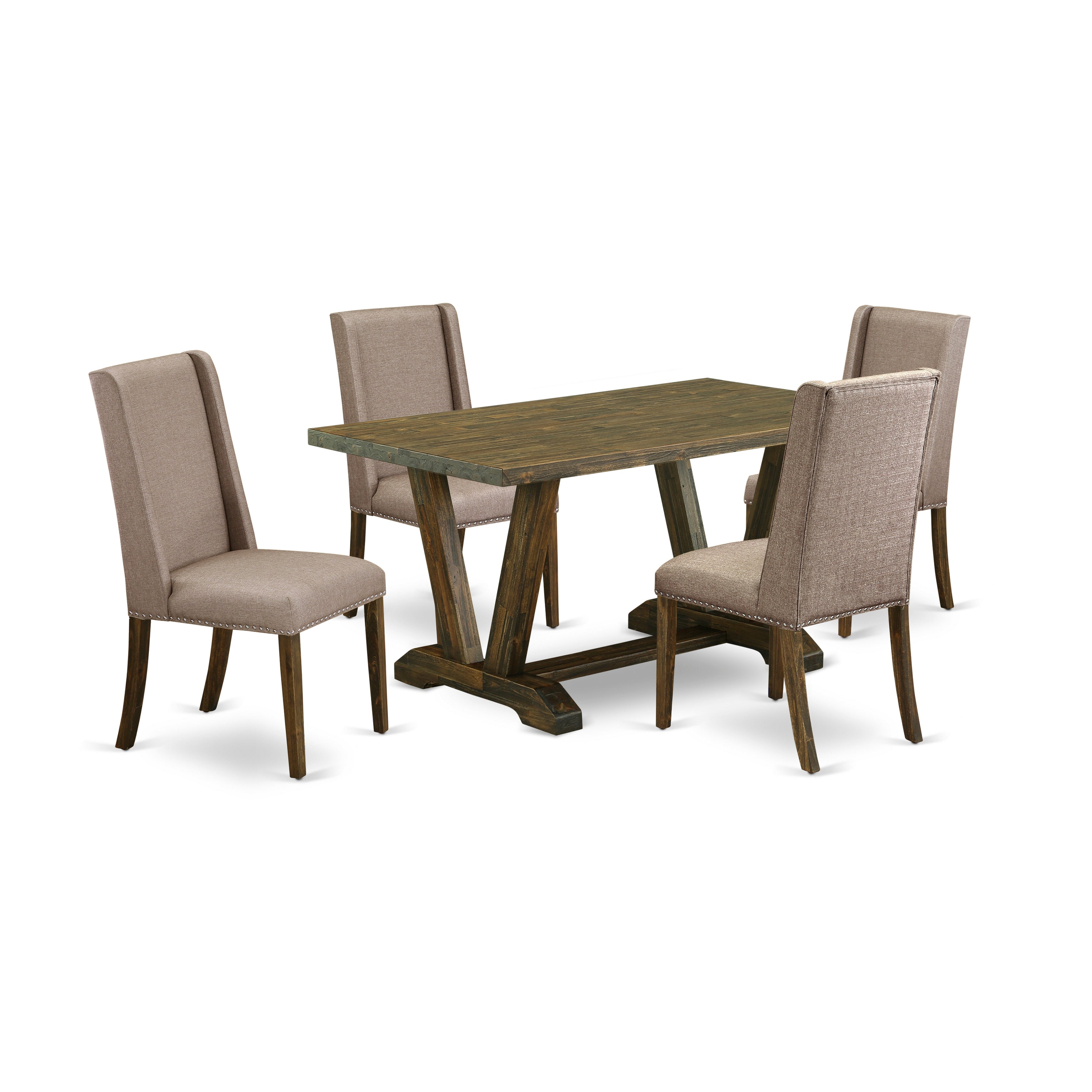 East West Furniture V776FL716-5 5-Pc Mid Century Dining Table SetIncluded 4 dining room chairs Upholstered Nails Head Seat and Stylish Chair Back and rectangular dining Table with Distressed Jacobean Dining Table top (Distressed Jacobean Finish)