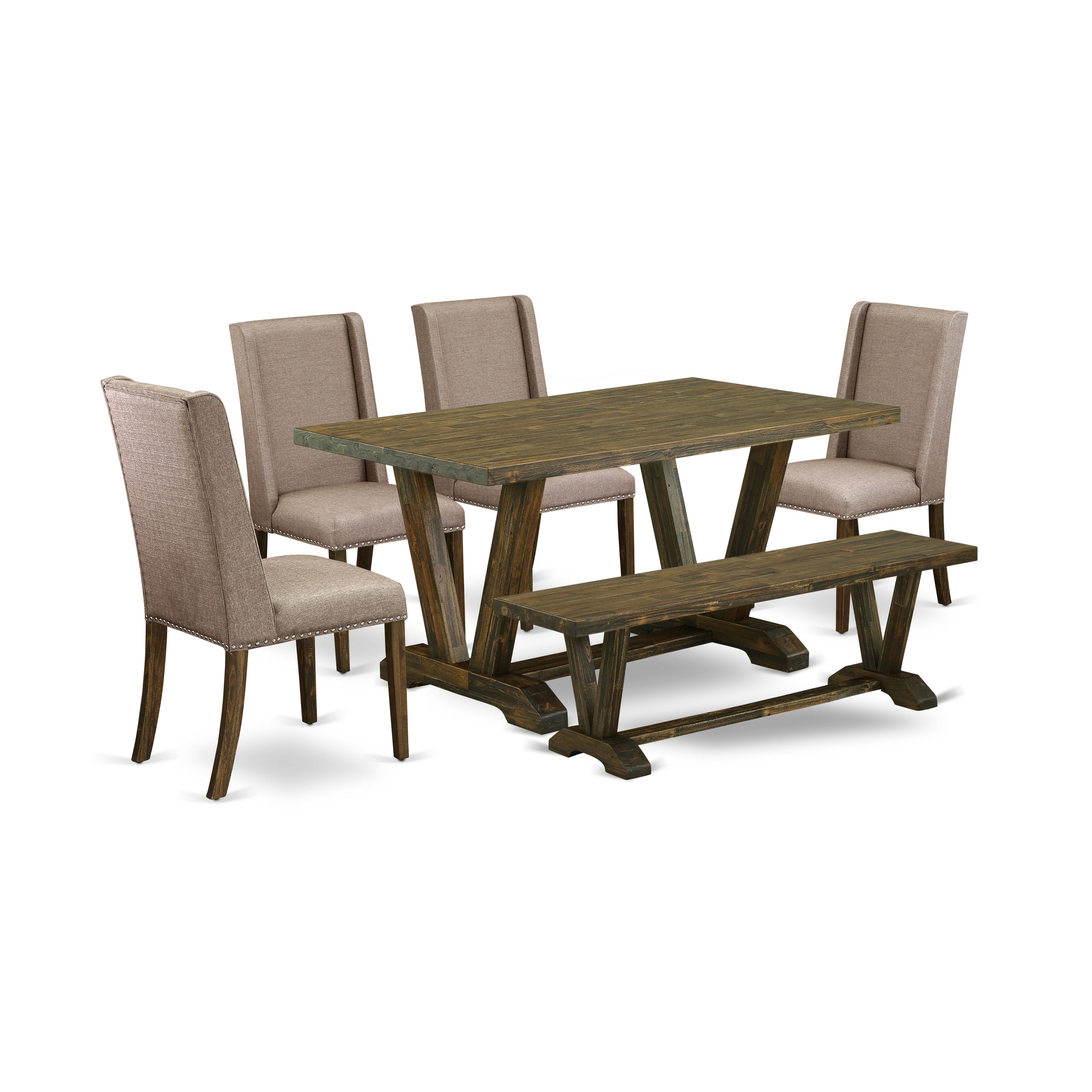 V776FL716-6 6-Piece Table Dining Set-Dark Khaki Linen Fabric Seat and High Stylish Chair Back Kitchen chairs, A Rectangular Bench and Rectangular top Kitchen Table with Wood Legs - Distressed Jacobean and Distressed Jacobean Finish