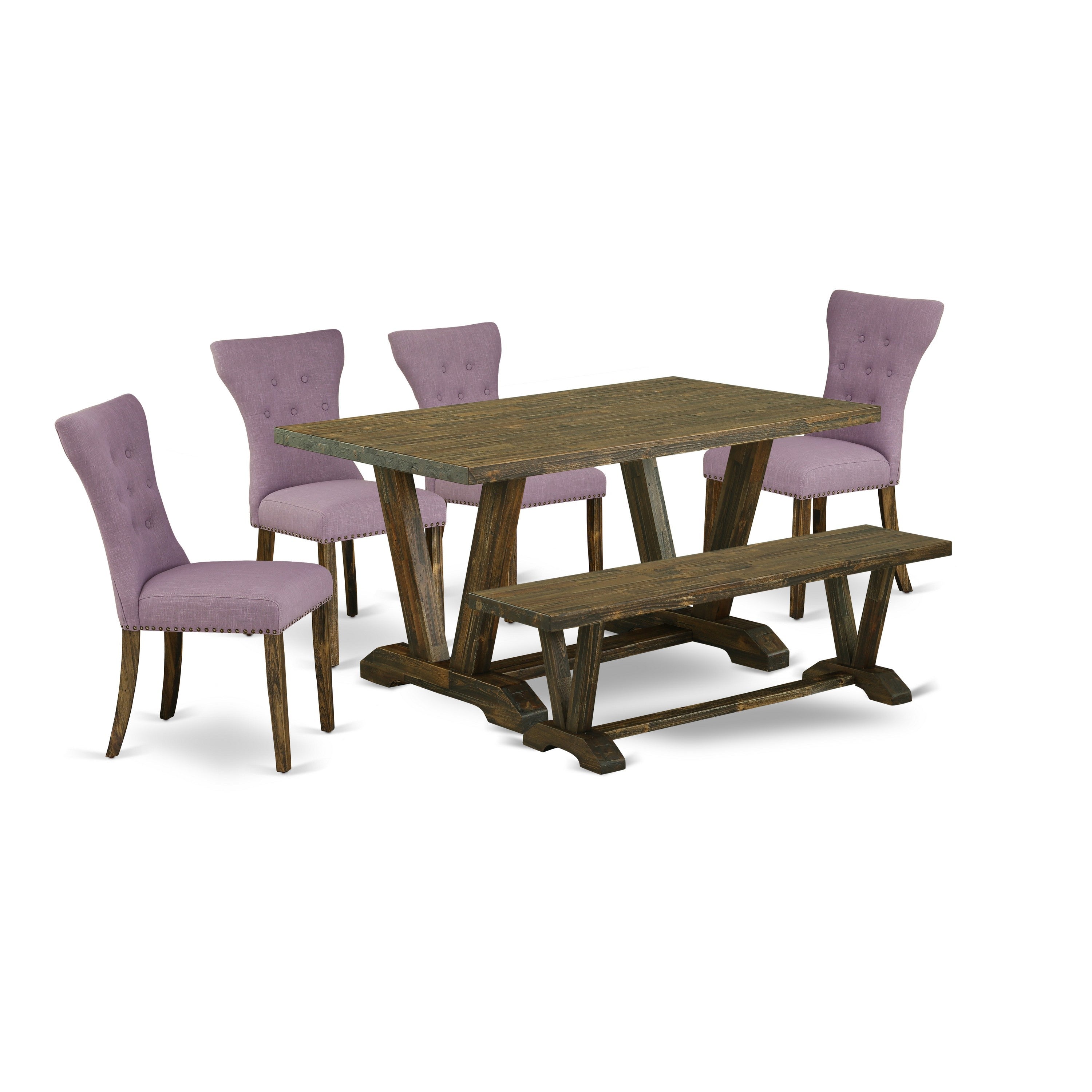 V776GA740-6 6-Pc kitchen table set-Dahlia Linen Fabric Seat and Button Tufted Chair Back Dining chairs, A Rectangular Bench and Rectangular top Modern Dining Table with Wood Legs - Distressed Jacobean and Distressed Jacobean Finish