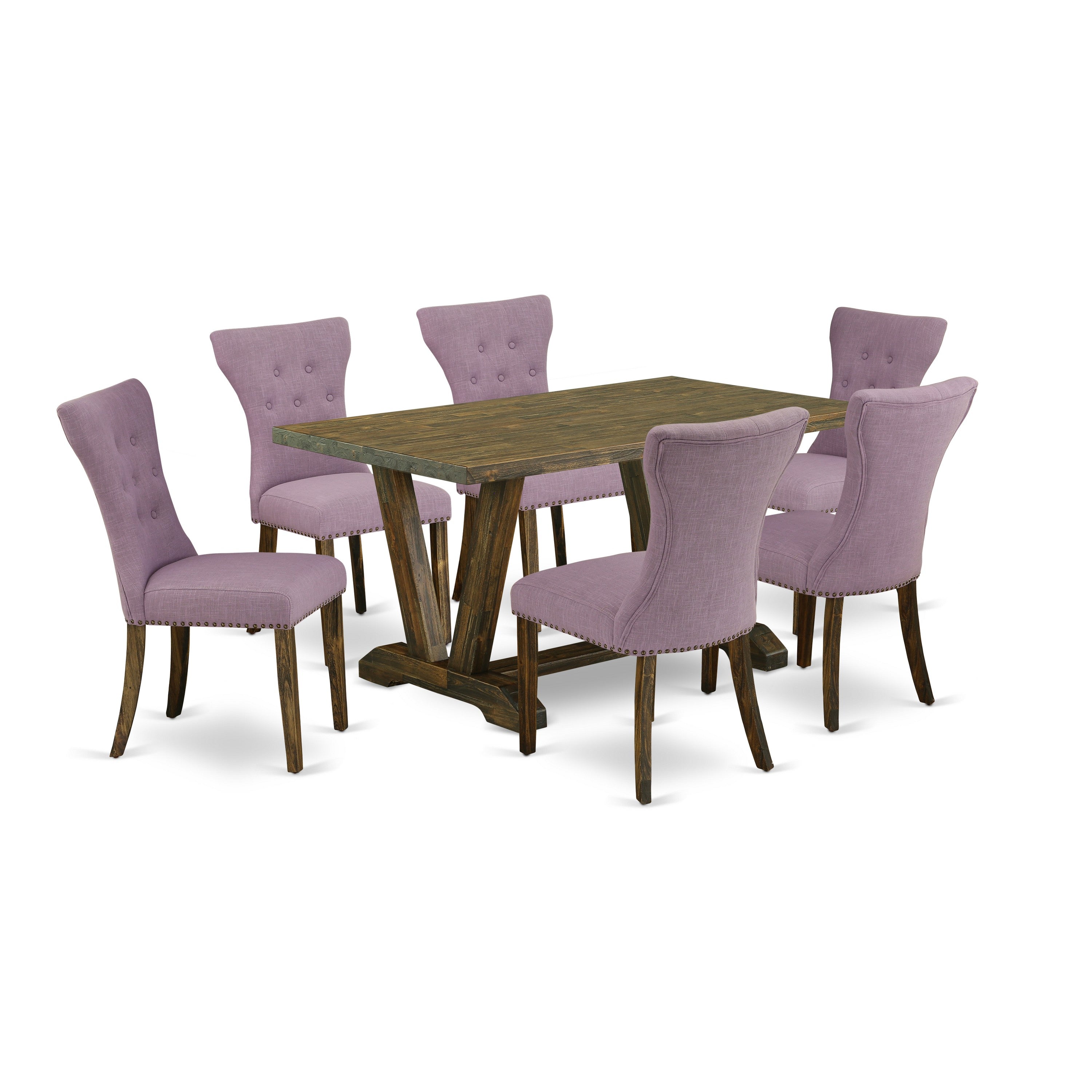 East West Furniture V776GA740-7 7-Piece kitchen table set a wonderful Distressed Jacobean Dinette Table top and 6 Beautiful Parson dining chairs with Nail heads and Button Tufted, Distressed Jacobean Finish