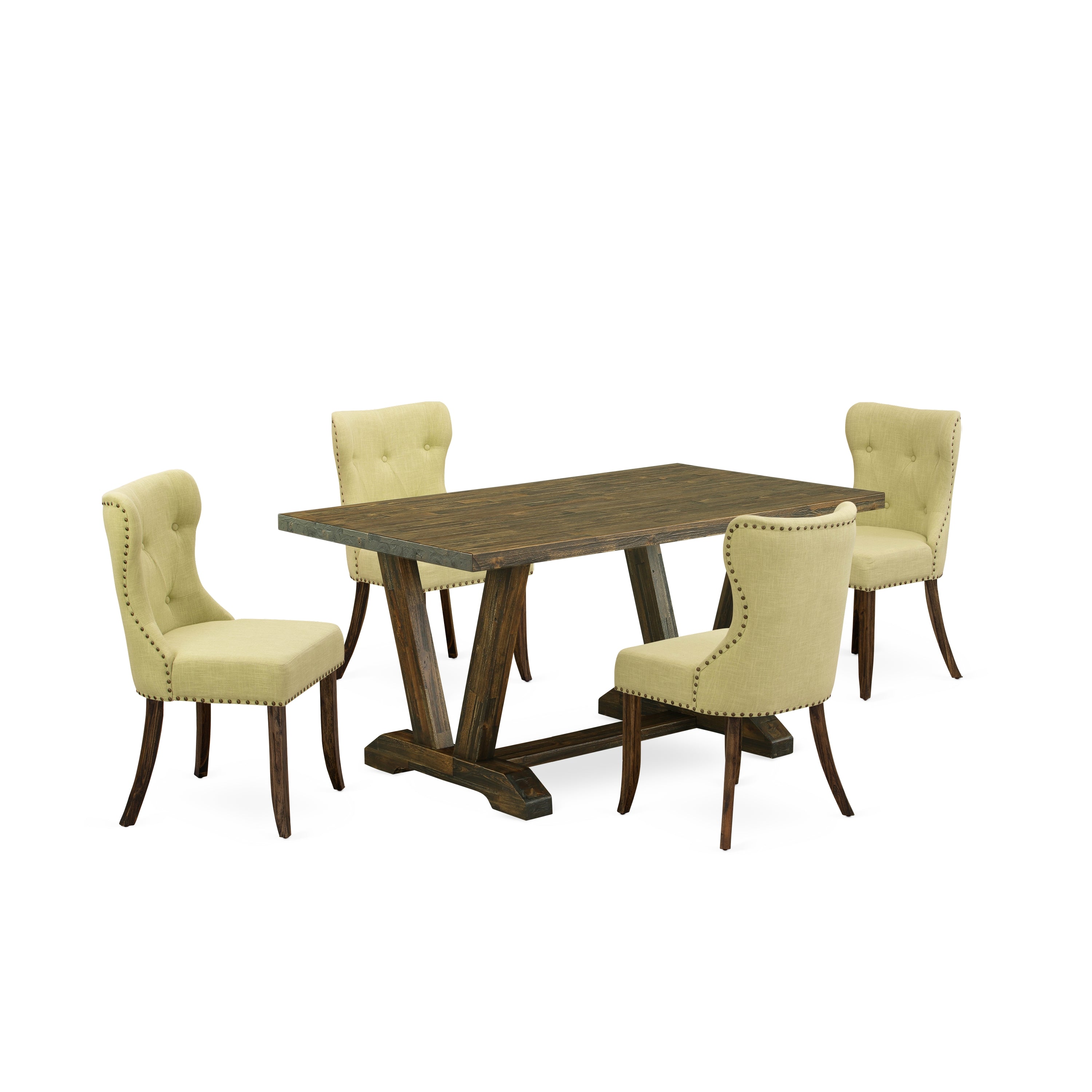 East West Furniture V776SI737-5 5-Piece Dining Table Set- 4 Dining Chairs with Limelight Linen Fabric Seat and Button Tufted Chair Back - Dining Table (Distressed Jacobean Finish)