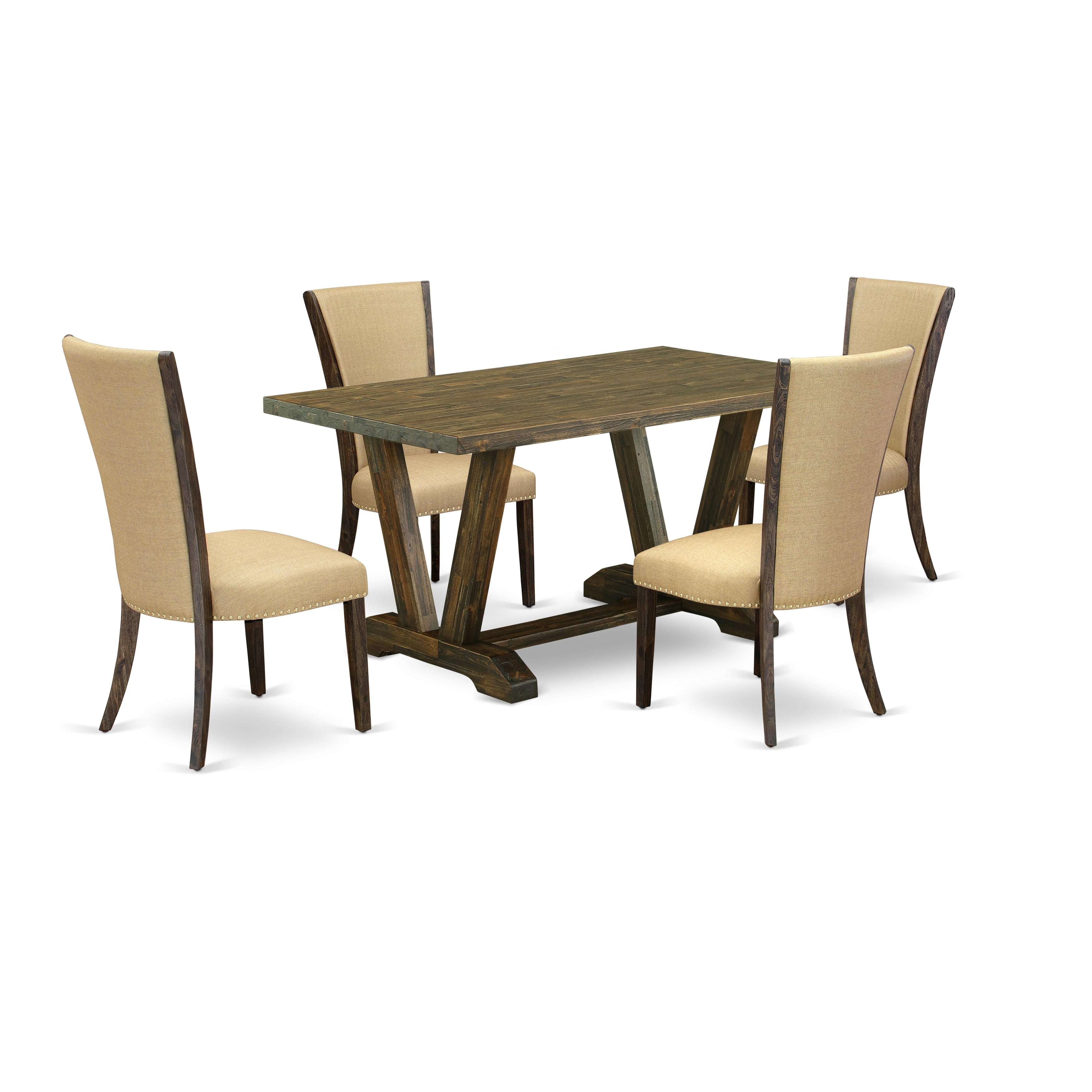 Juego de mesa de comedor East West Furniture V776VE703-5 de 5 piezas para 4 personas. Incluye una mesa de cocina rectangular con patas en V y 4 sillas tapizadas en tela de lino marrón.