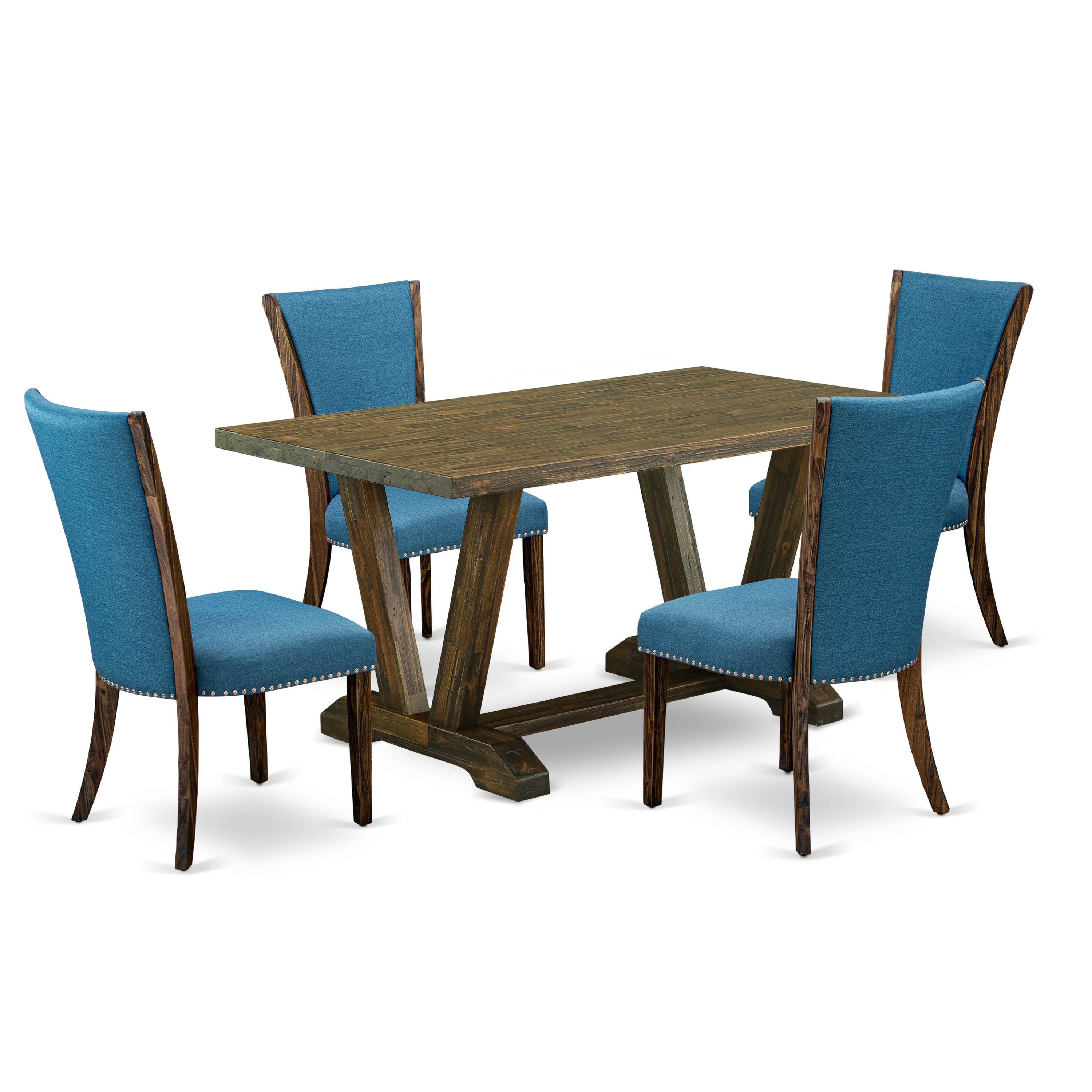 Juego de mesa de comedor moderna de 5 piezas East West Furniture V776VE721-5. Incluye una mesa rectangular de madera con patas en V y 4 sillas de comedor Parsons de tela de lino de color azul.